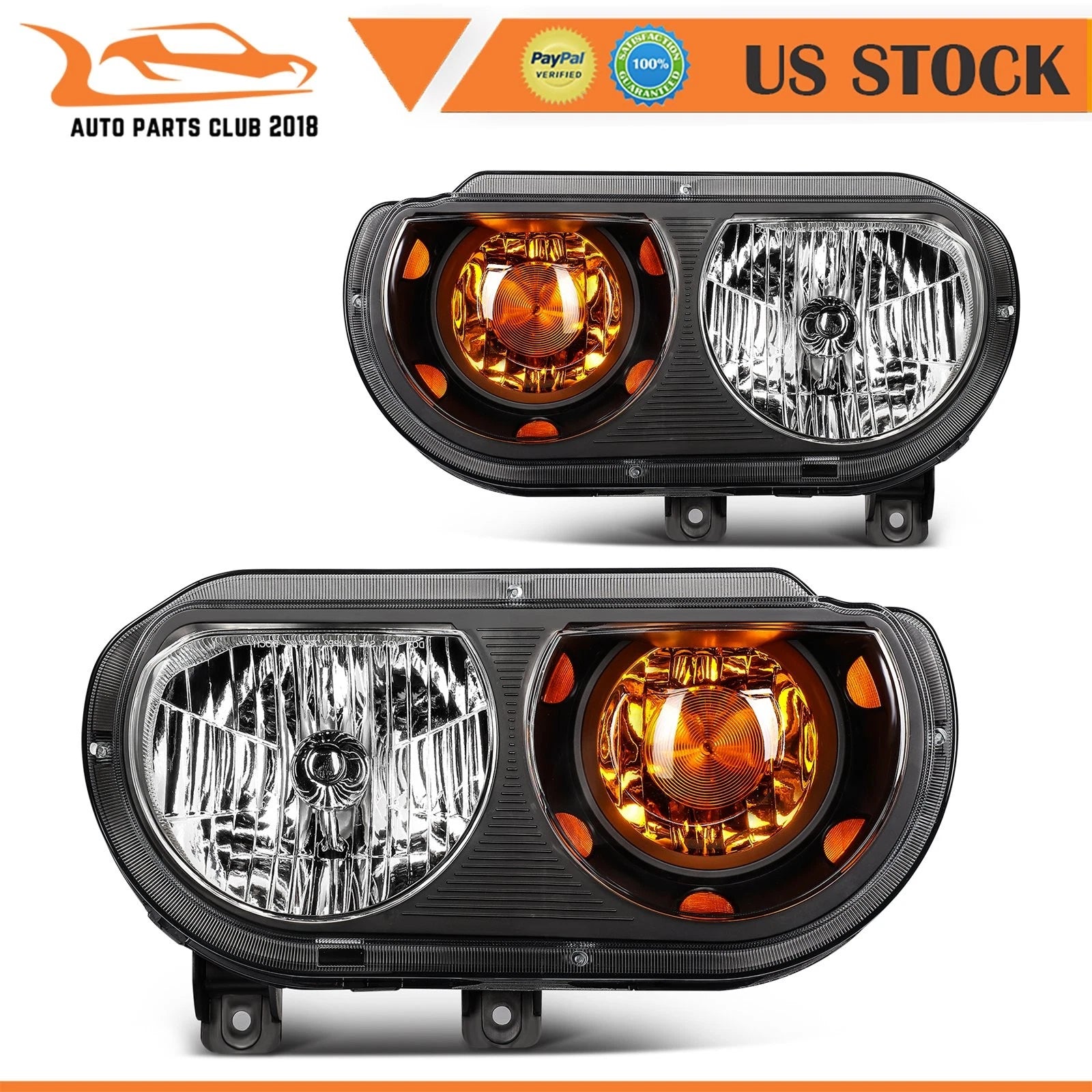Headlight Assembly Set of 2 for Dodge Challenger (2008–2014) Black Housing Clear Lens