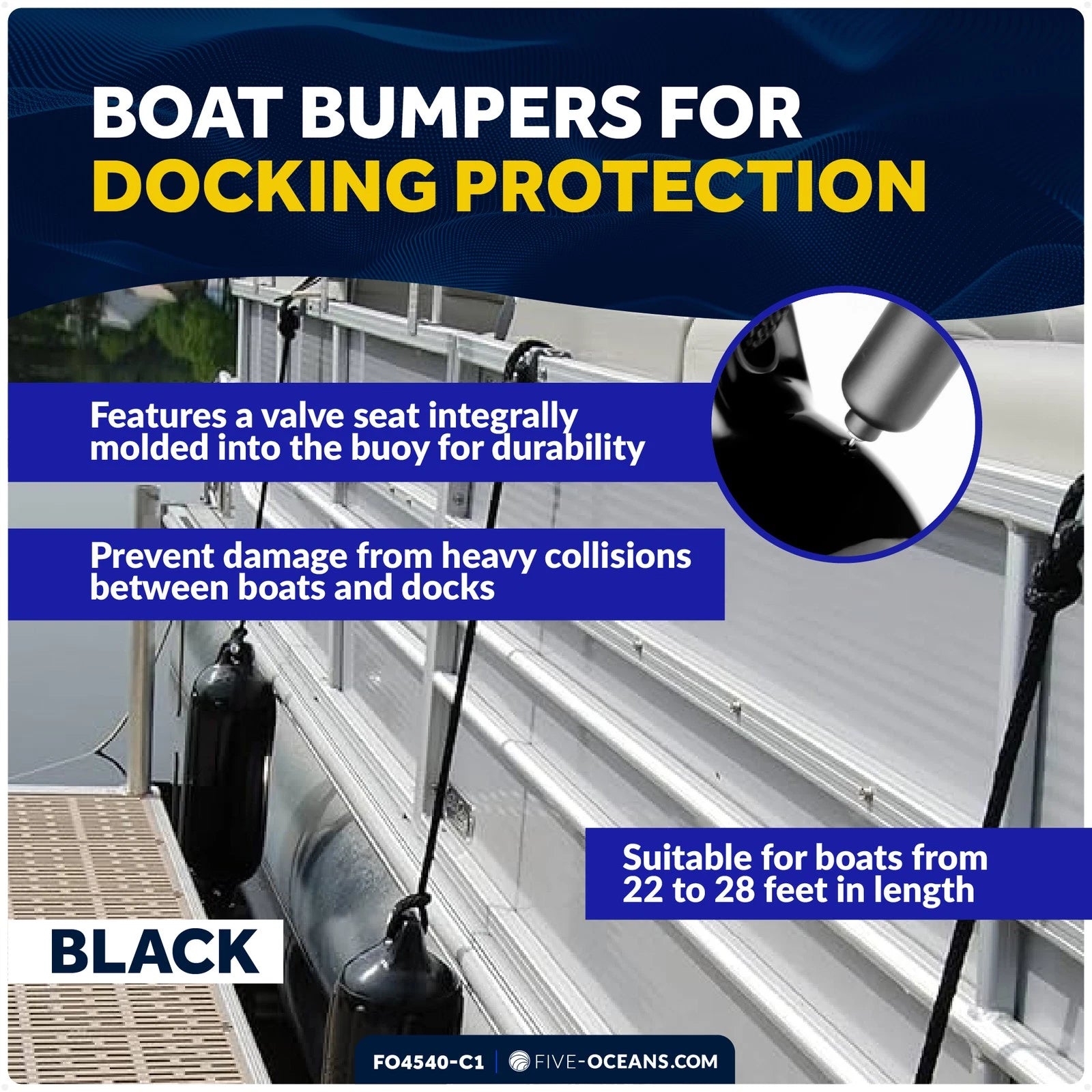 Set of 4 Boat Fenders for (6.5"x23", Black)