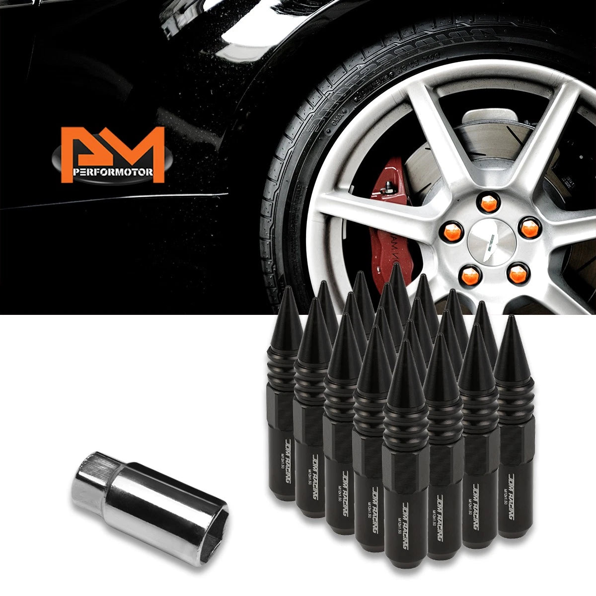 Set of 20 M12X1.5 Black JDM Conical Wheel Lug Nuts + Spike + Extension 20mm