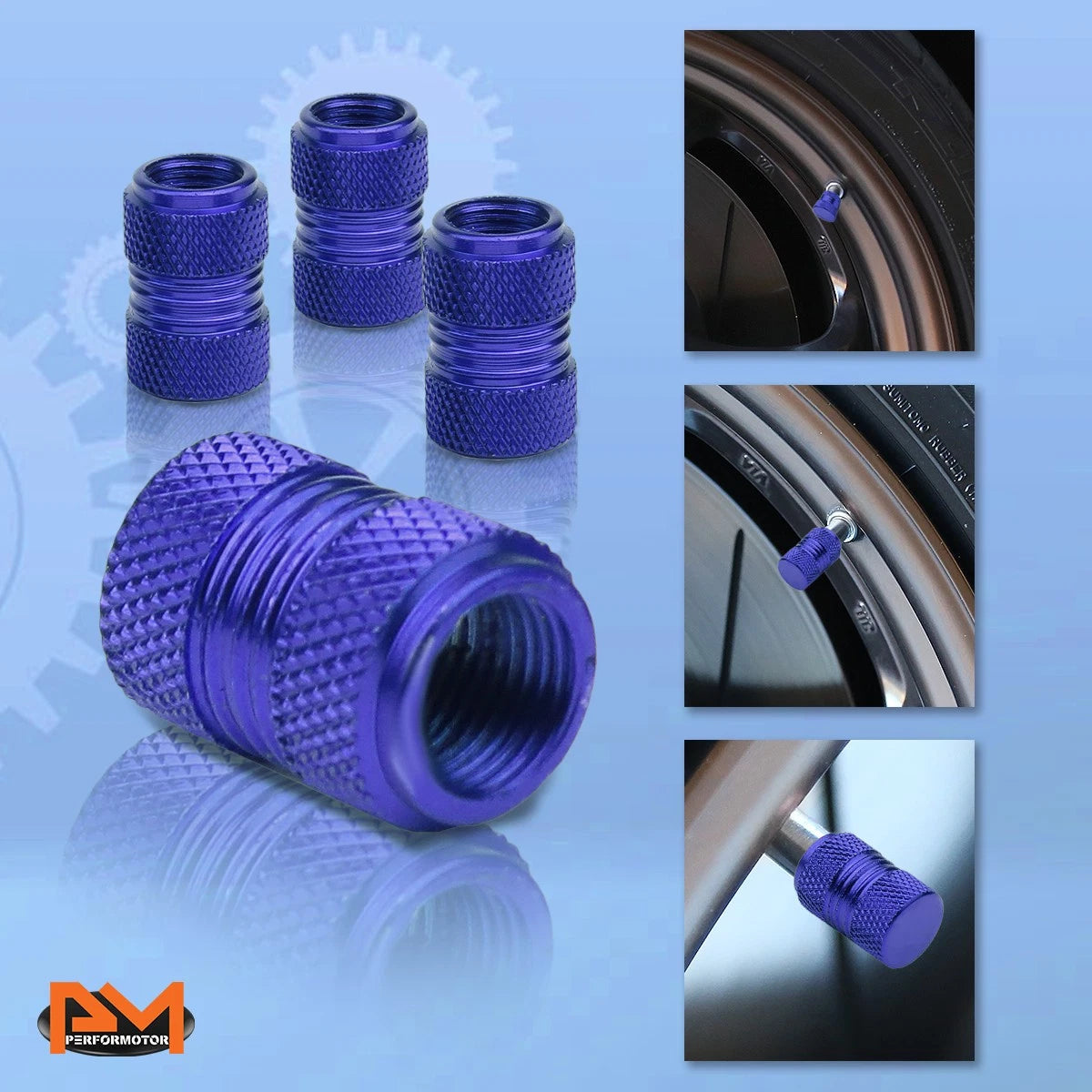 Set of 4 Blue Aluminum Tire Stem Caps 17mm Knurled Valve Covers