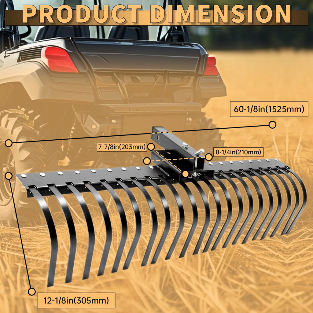 60'' 3 Point Landscape Rock Rake Steel for Compact Tractors (Category 1)