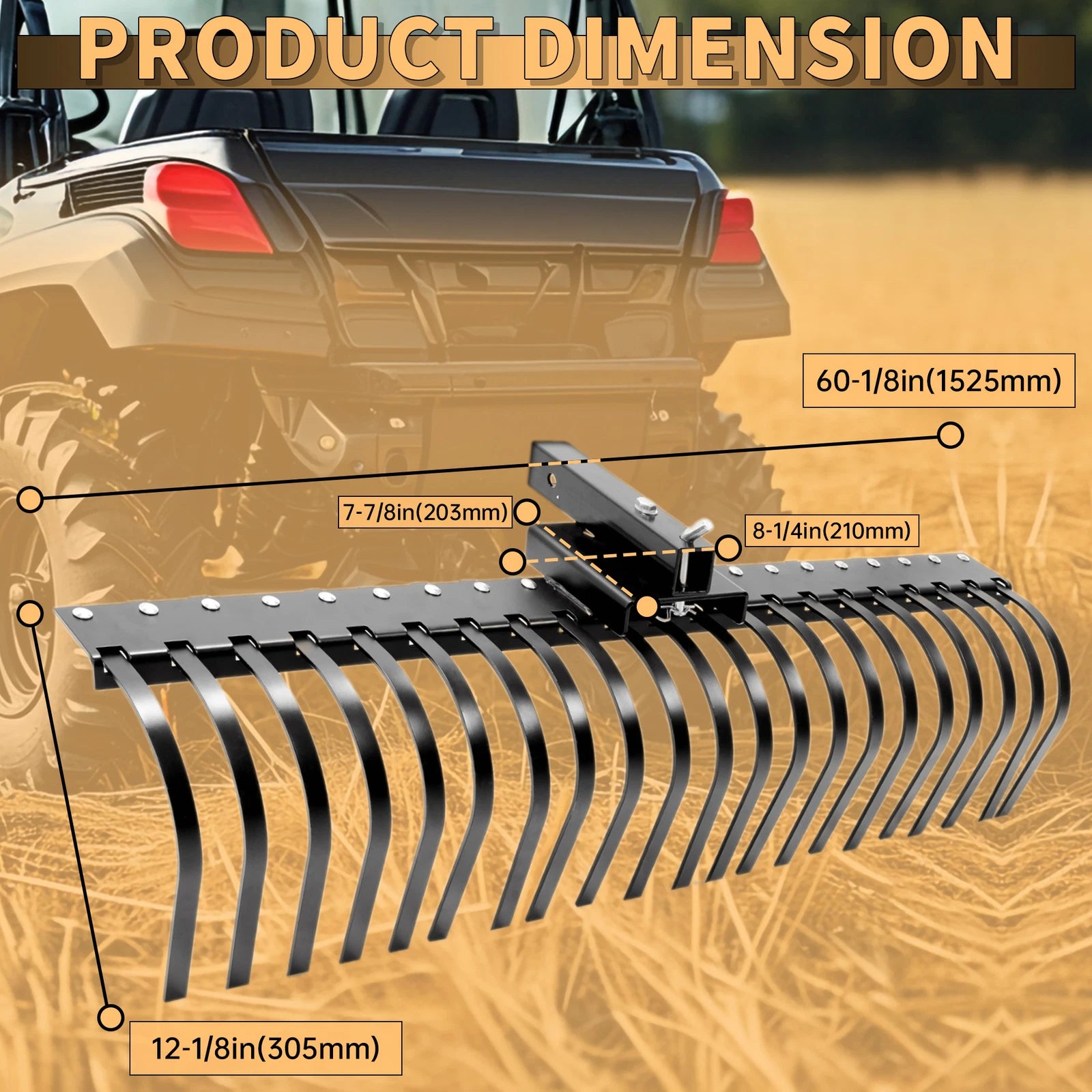 60'' 3 Point Landscape Rock Rake Steel for Compact Tractors (Category 1)