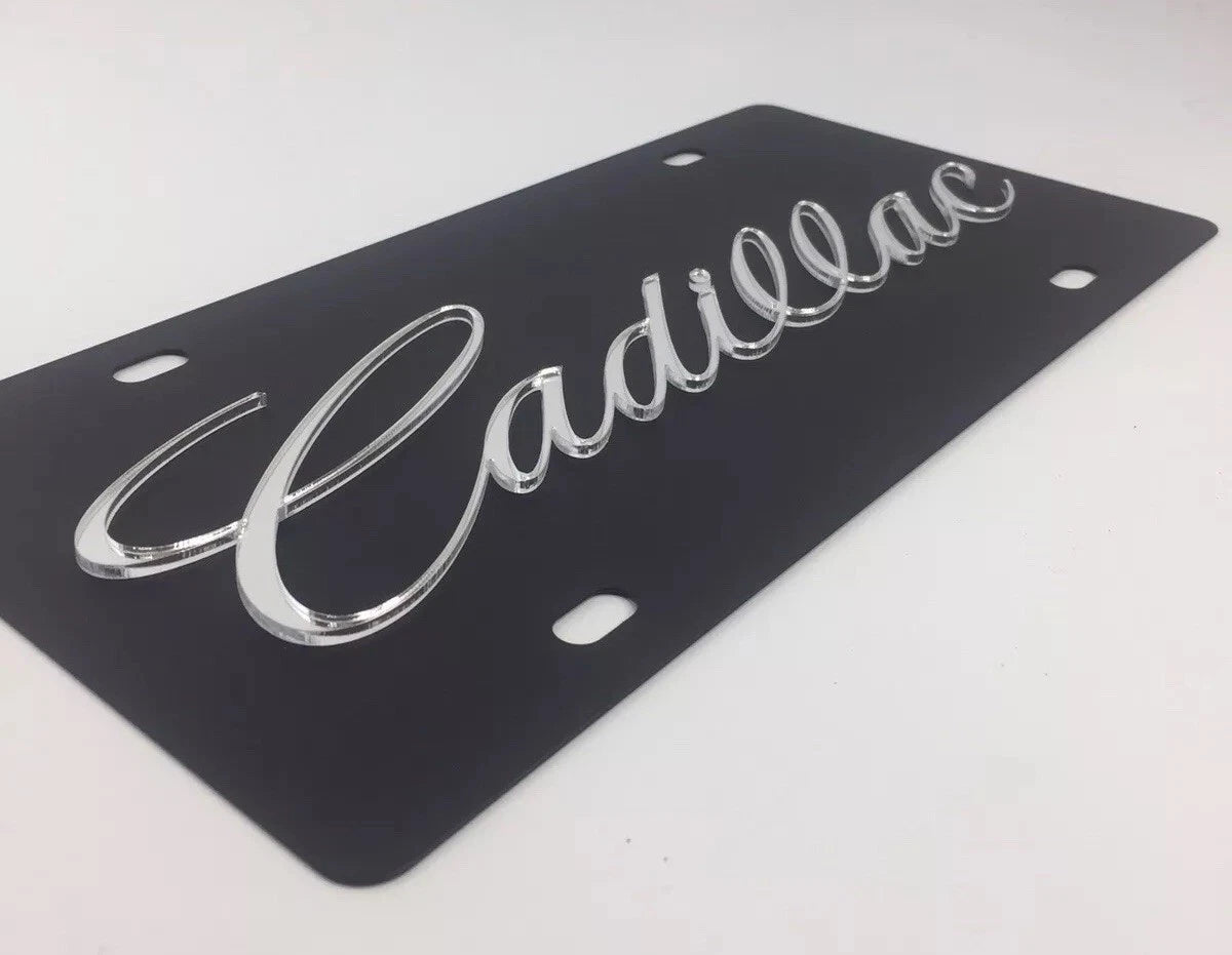 Cadillac Script Emblem Black License Plate Frame with Mirror (Made in USA)