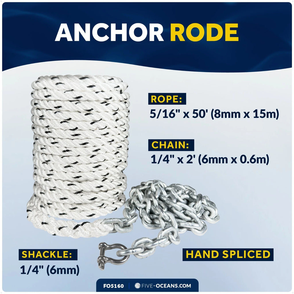 Anchor Rode 5/16" x 50' Rope with 1/4" x 2' Galvanized Chain