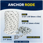 Anchor Rode 5/16" x 50' Rope with 1/4" x 2' Galvanized Chain