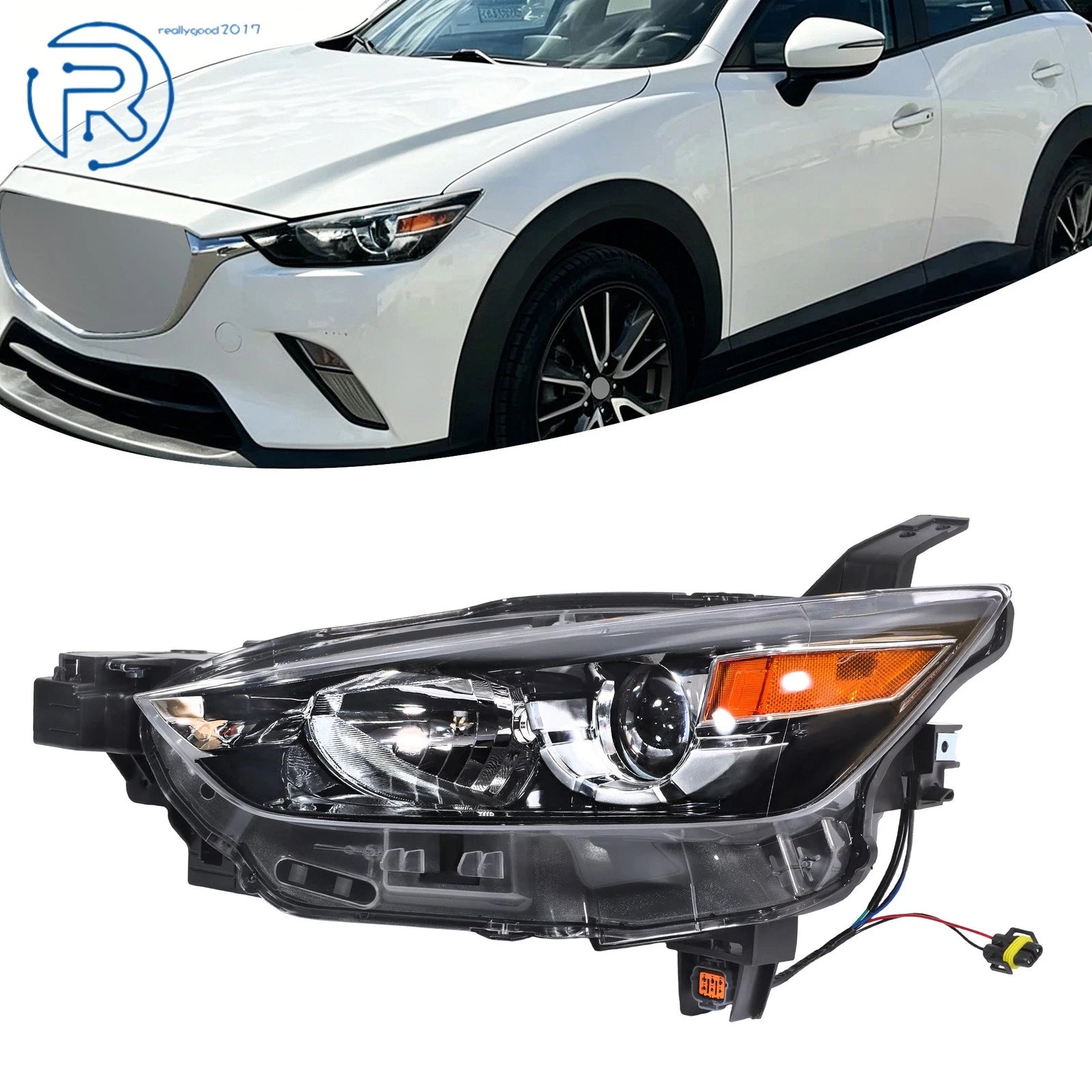 DB4N510L0A Headlight for Mazda CX-3 (2016–2019, 2022) Black Halogen Left