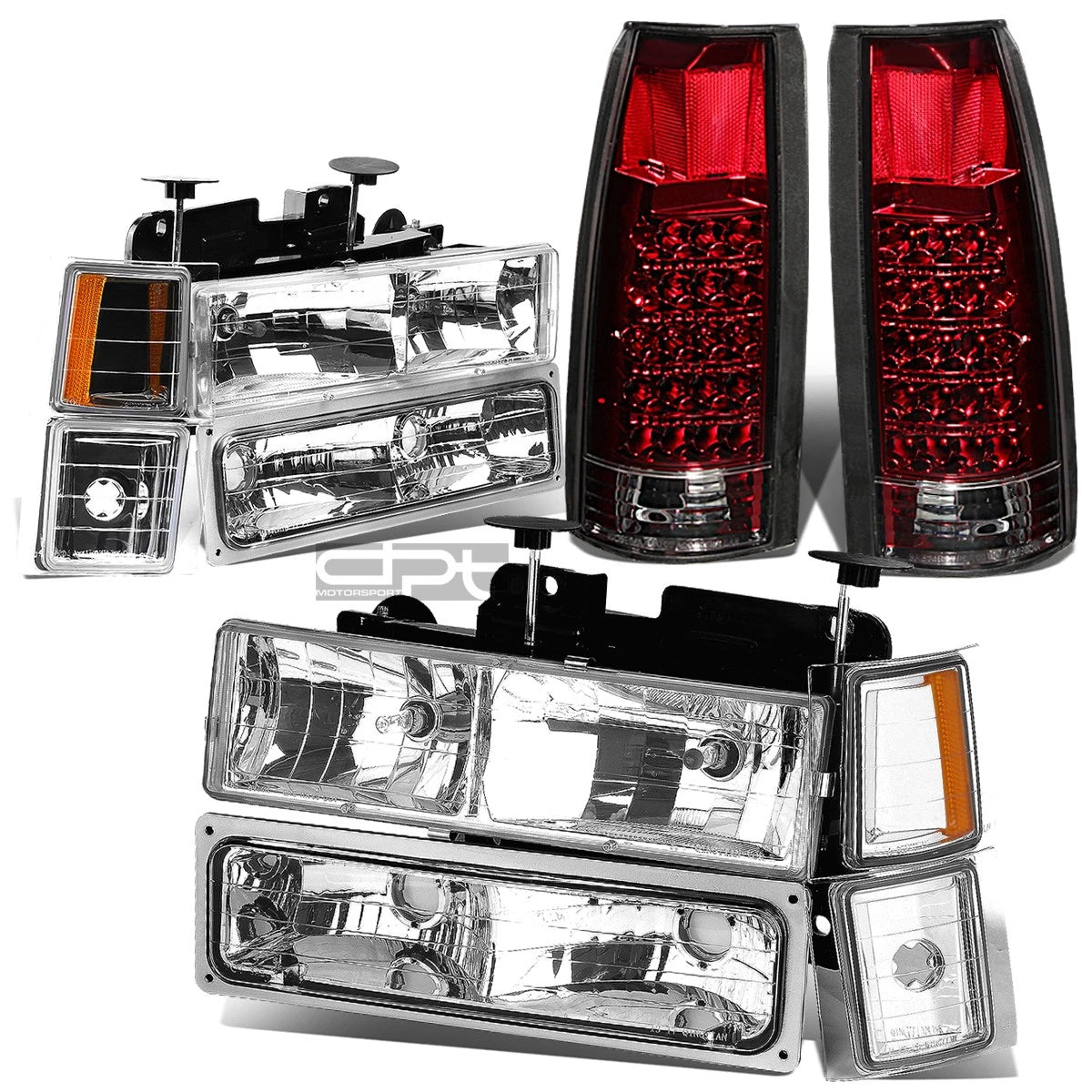 Chrome Headlight + Amber Side Corner + Red LED Tail Light for Chevy C10 C/K (1994–2002)