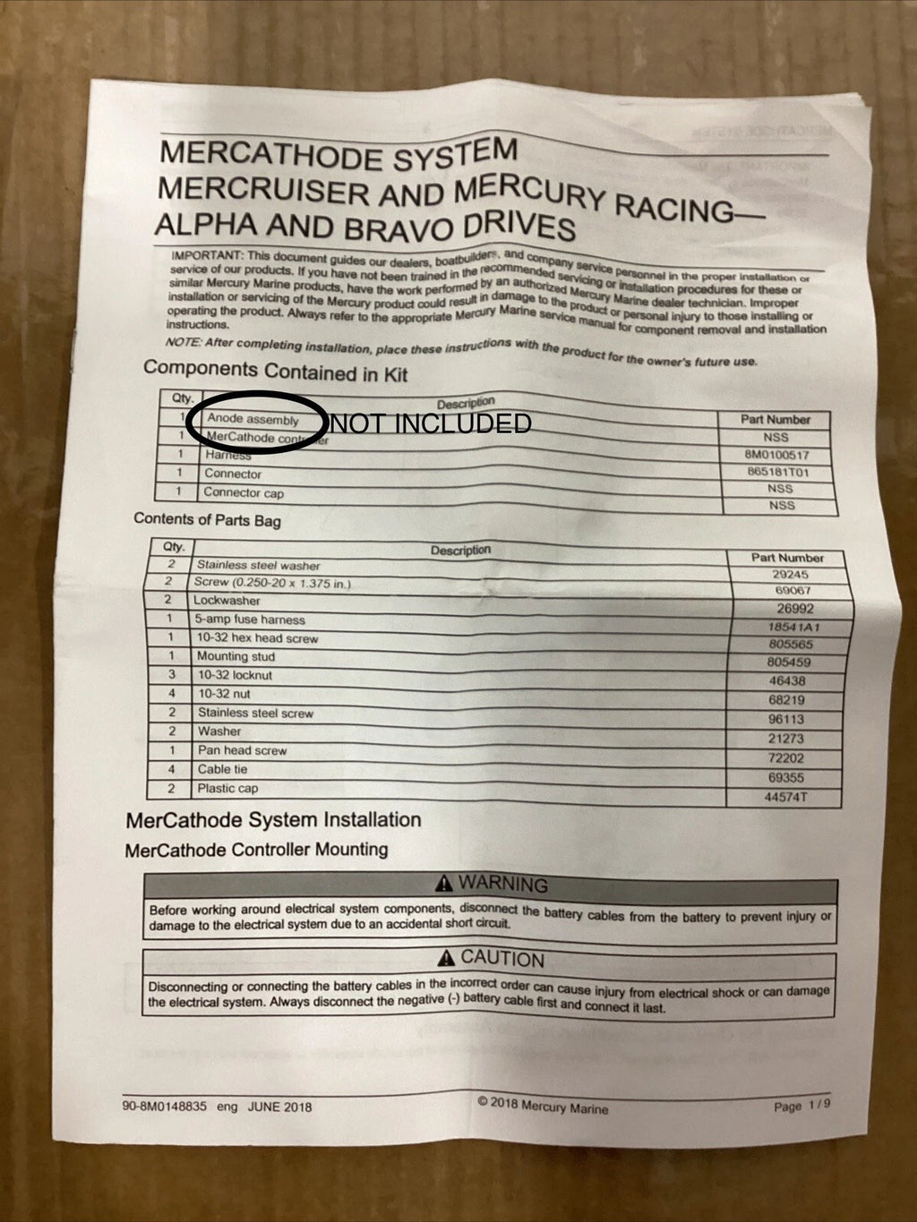 Mercury Mercruiser Mercathode Kit 8M0085693 for Mercury (Open Box)