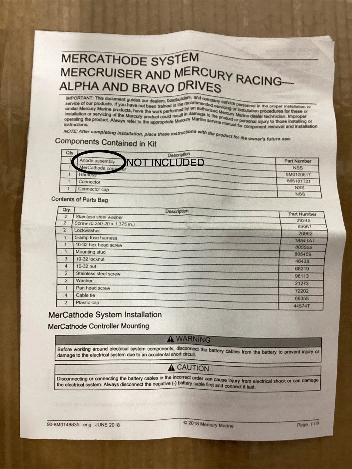 Mercury Mercruiser Mercathode Kit 8M0085693 for Mercury (Open Box)