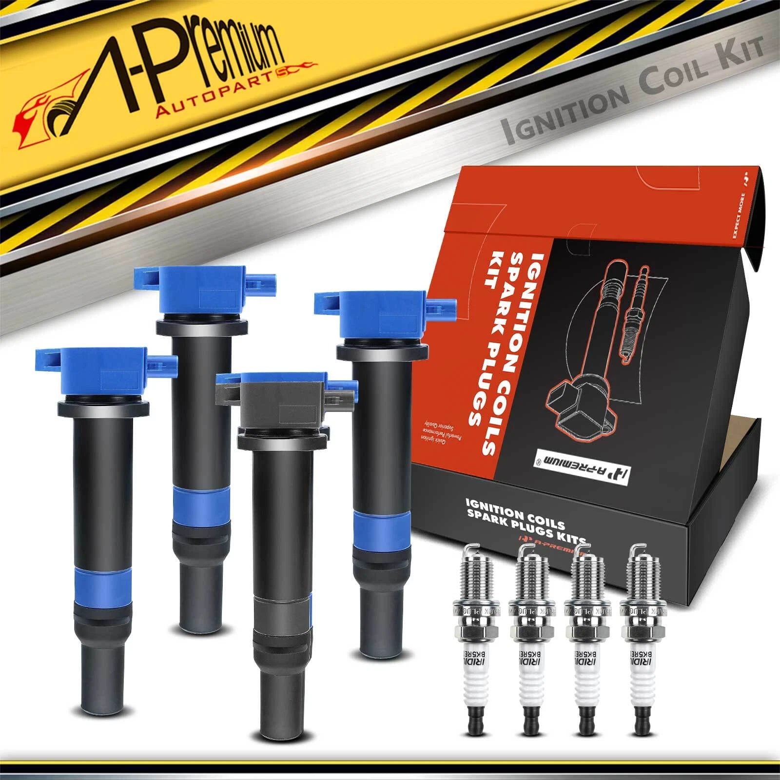 Set of 4 Ignition Coils & Iridium Spark Plugs for Hyundai Accent Kia Rio 