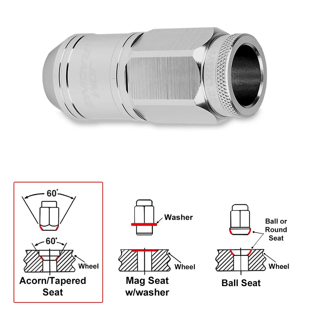 Set of 20 M12X1.25 Silver JDM Open End Cone Wheel Lug Nuts + Spline Lock Key