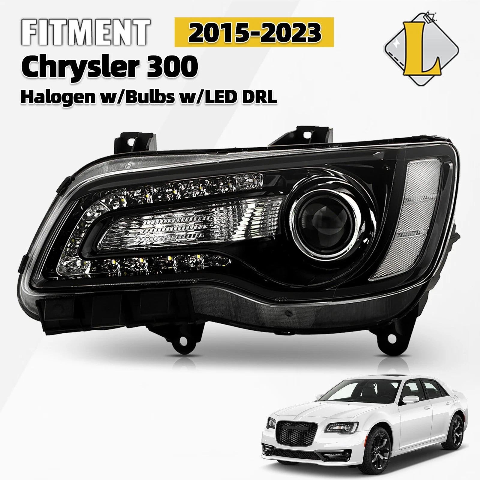 Black Halogen Headlight LED DRL Projector for Chrysler 300 (2015–2023)