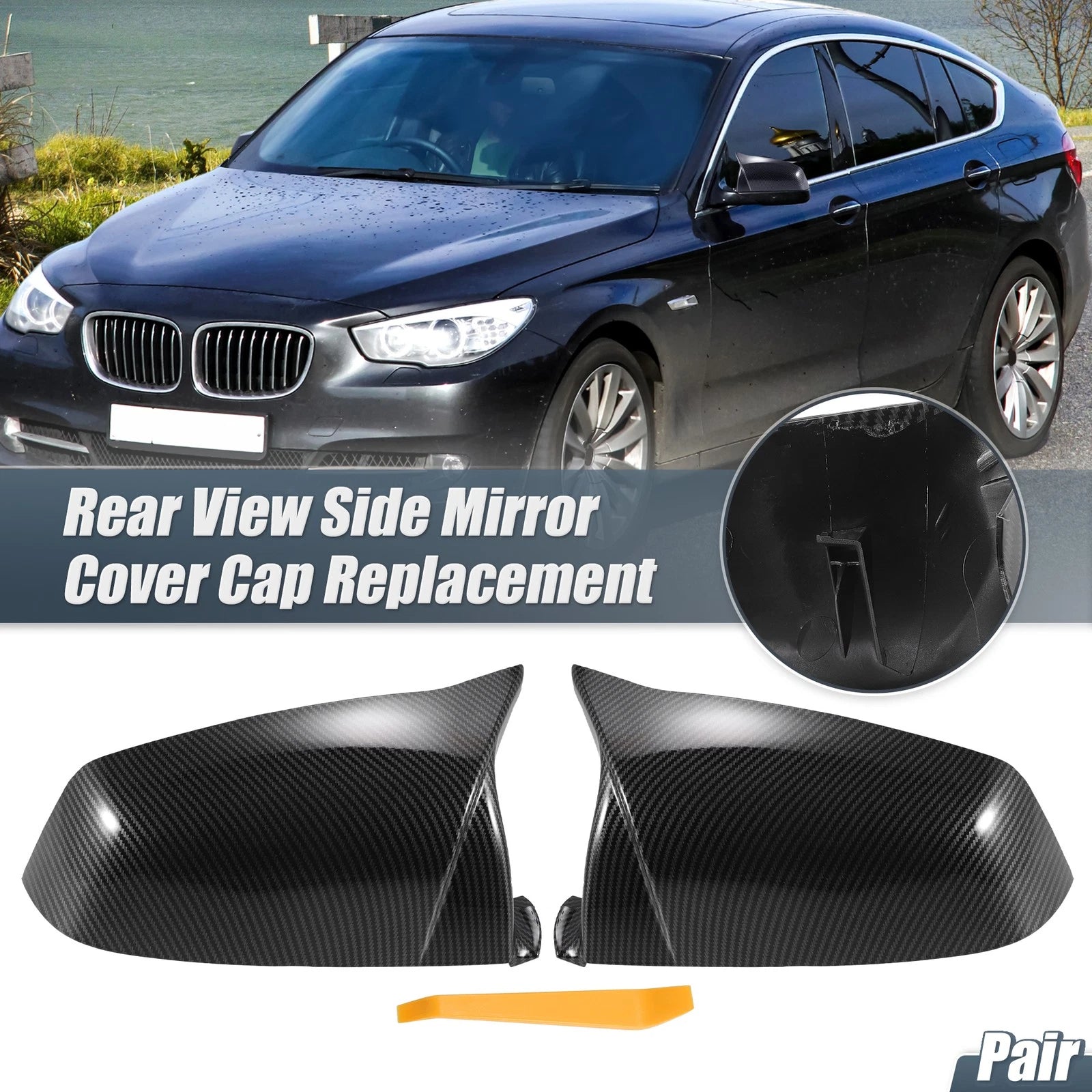 Pair Rearview Mirror Cover Cap Black Carbon Fiber for BMW 5 6 7 Series (F01 F02)