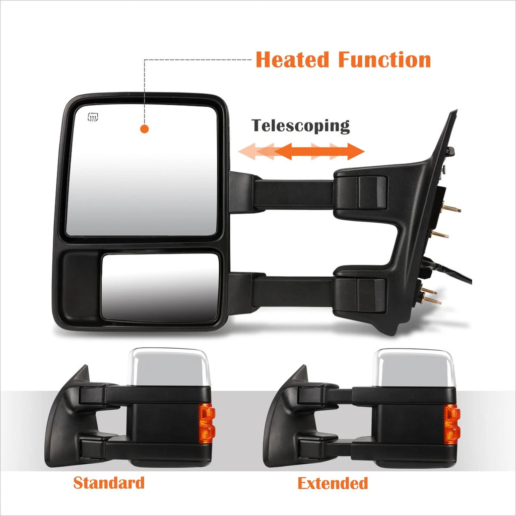 Set of 2 Powered Heated Chrome Towing Mirrors with LED Signal for Ford Super Duty (2008–2016)