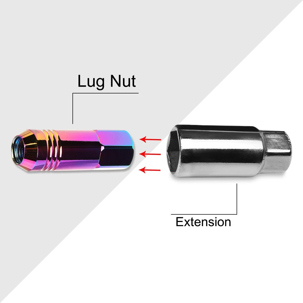 Set of 20 M12X1.25 Neo Chrome Open End Conical Wheel Lug Nuts + Extension 20mm