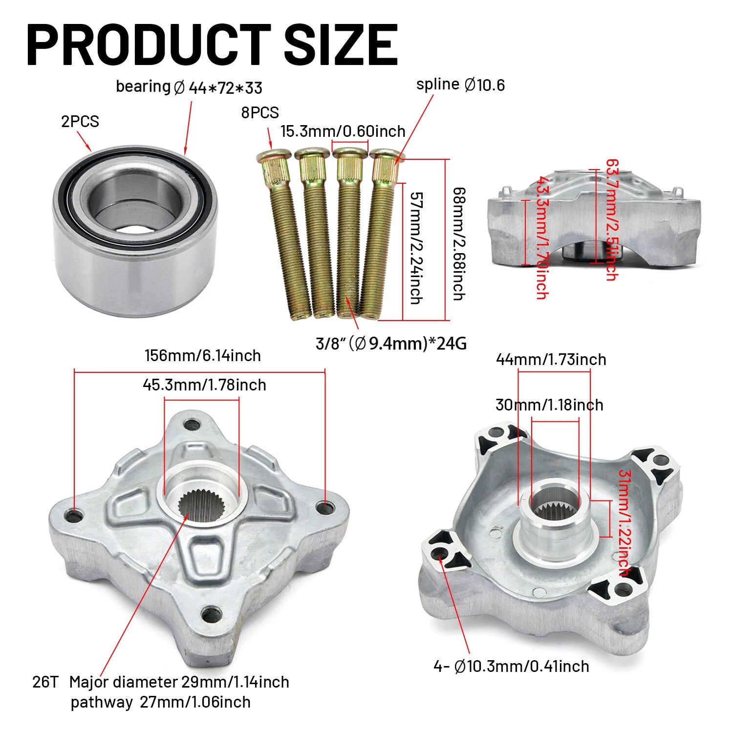 Front & Rear Wheel Hubs w/Bearings for Polaris RZR 800 RZR 800 S (2008–2014)