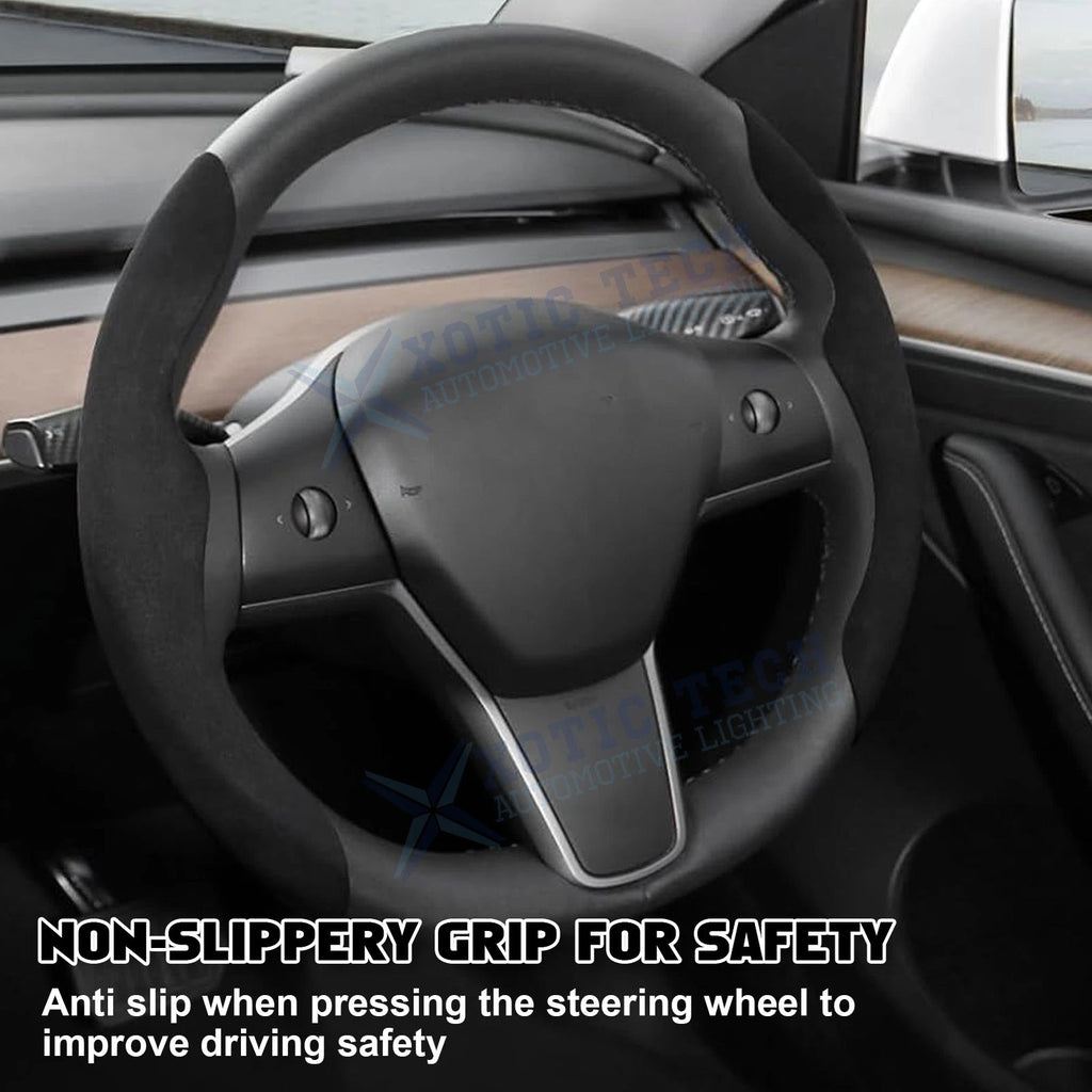 2x Black Flocking Non-Slip Steering Wheel Cover for Tesla Model 3/Y (2017-2023)