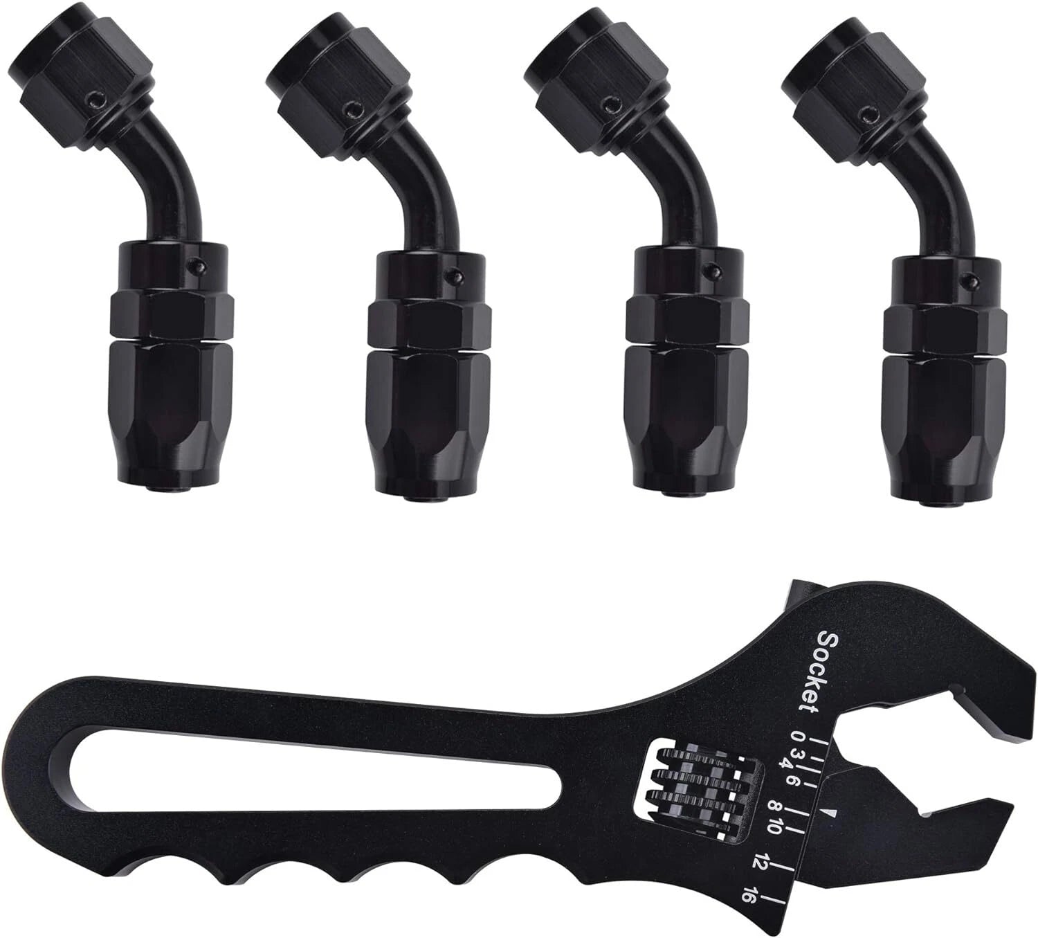 Set of 5 8AN 45 Degree Swivel Hose End Fittings with Adjustable Wrench