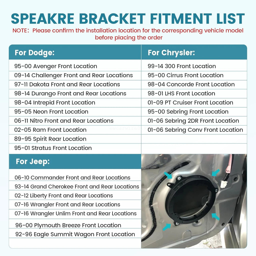 2X Door Speaker Install Mounting Bracket for Dodge Durango Challenger