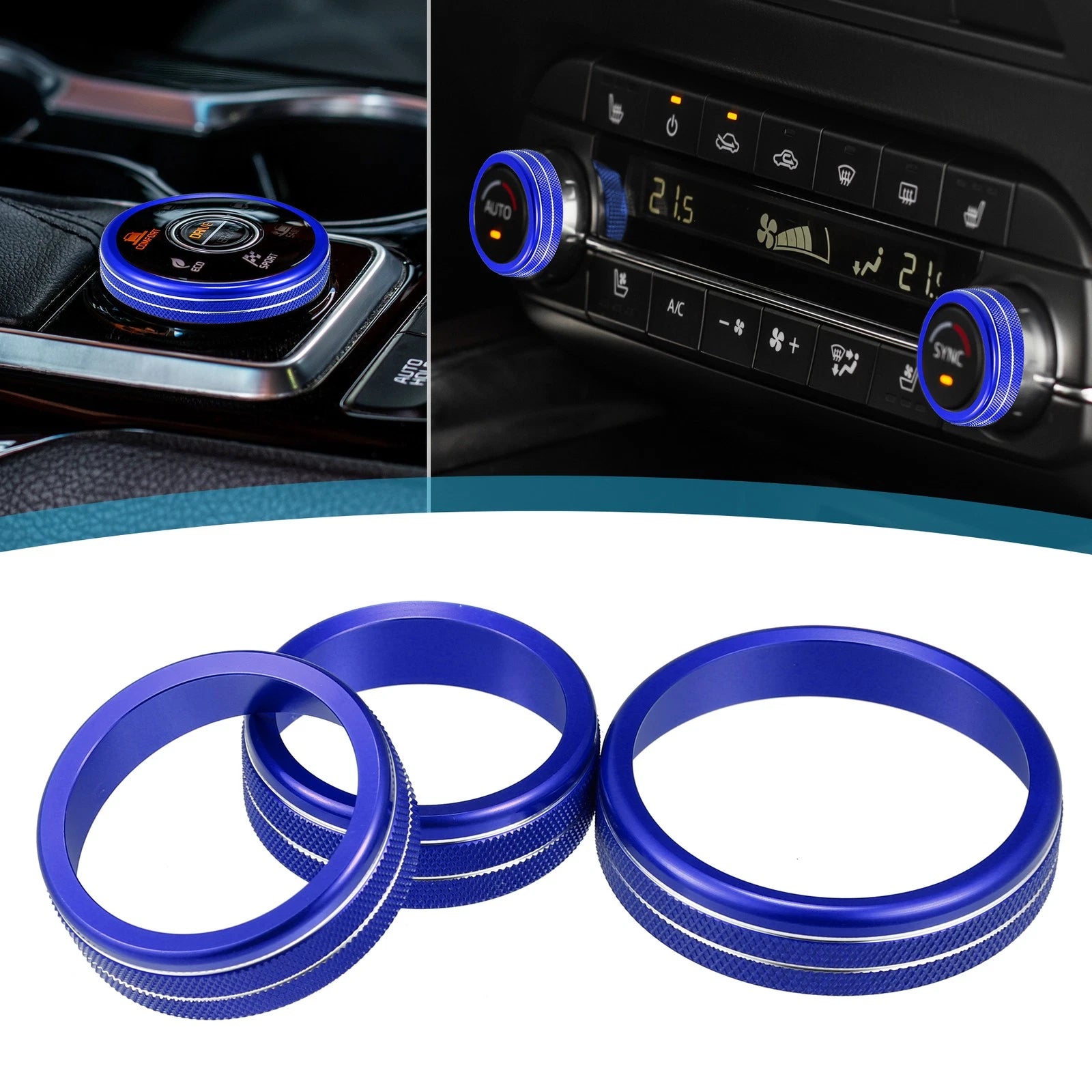 3pcs AC Mode Switch Knob Ring Cover for Nissan Rogue (2021–2022) Blue