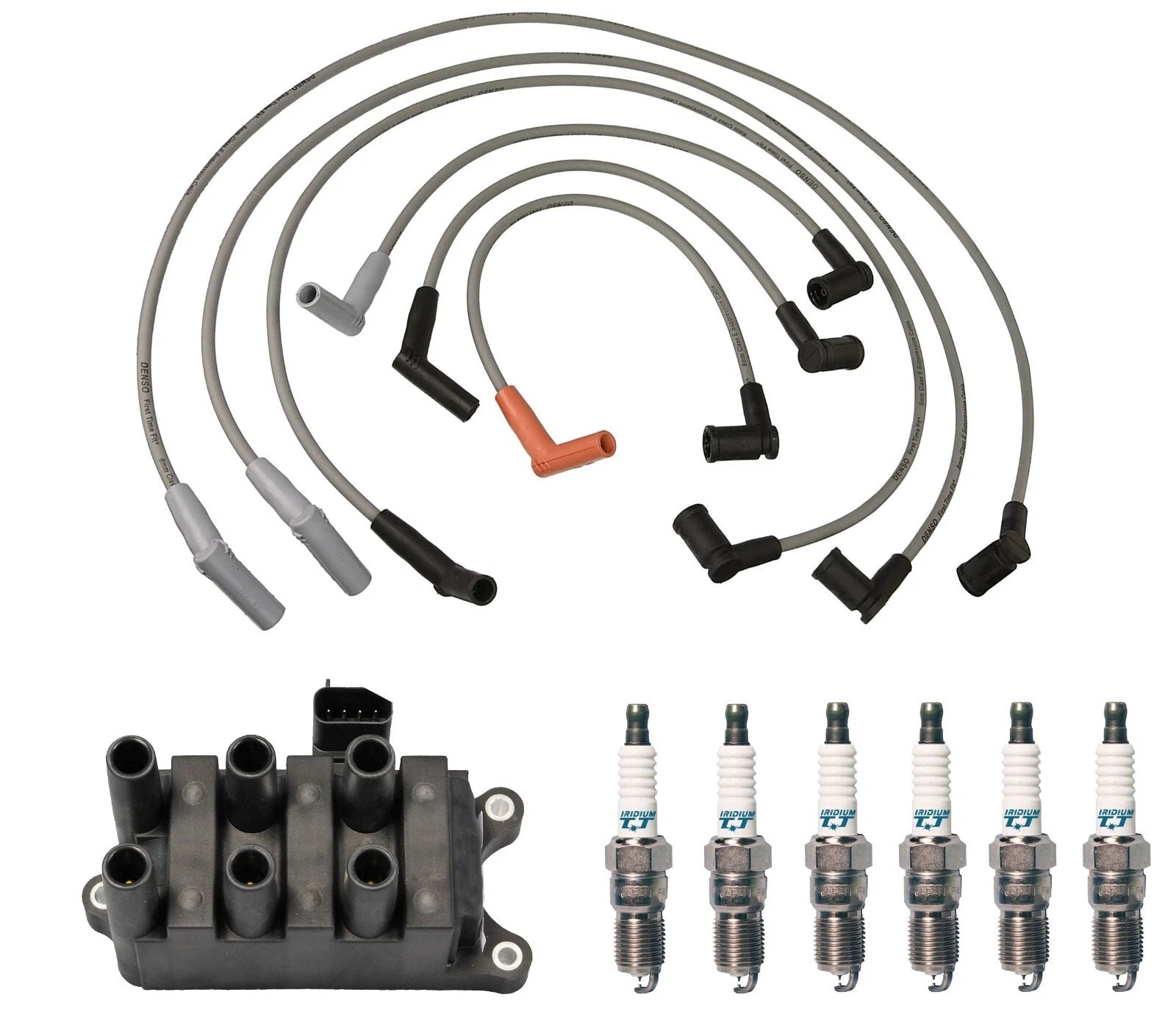 Set of 6 Denso Ignition Coil Wires & Iridium TT Spark Plugs for Ford 4.2L V6