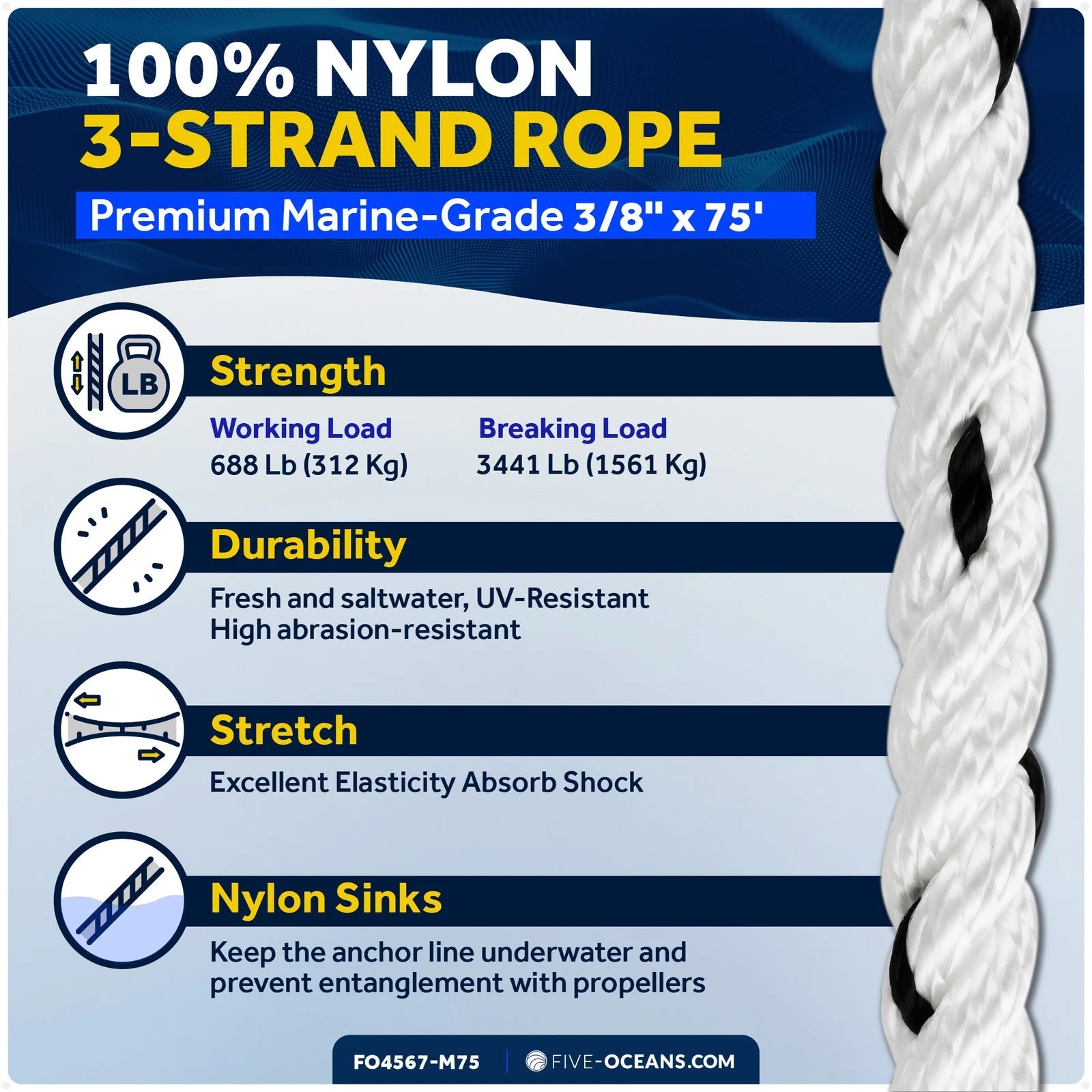 3/8 inch x 75 ft Boat Anchor Rope for Marine Use (Premium 3-Strand Nylon)