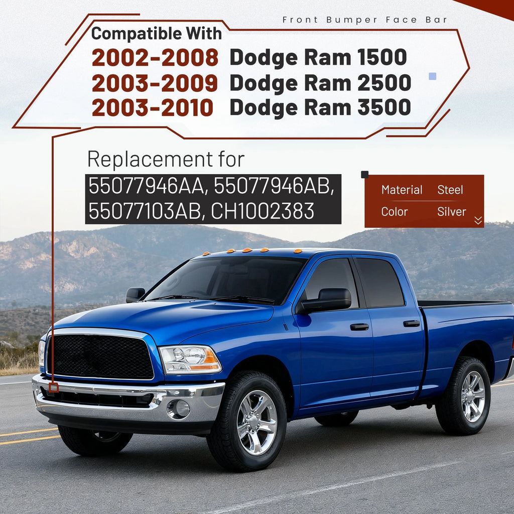 Chrome Front Bumper with Fog Light Hole for Ram 1500 2002–2008, Ram 2500/3500 2003–2009