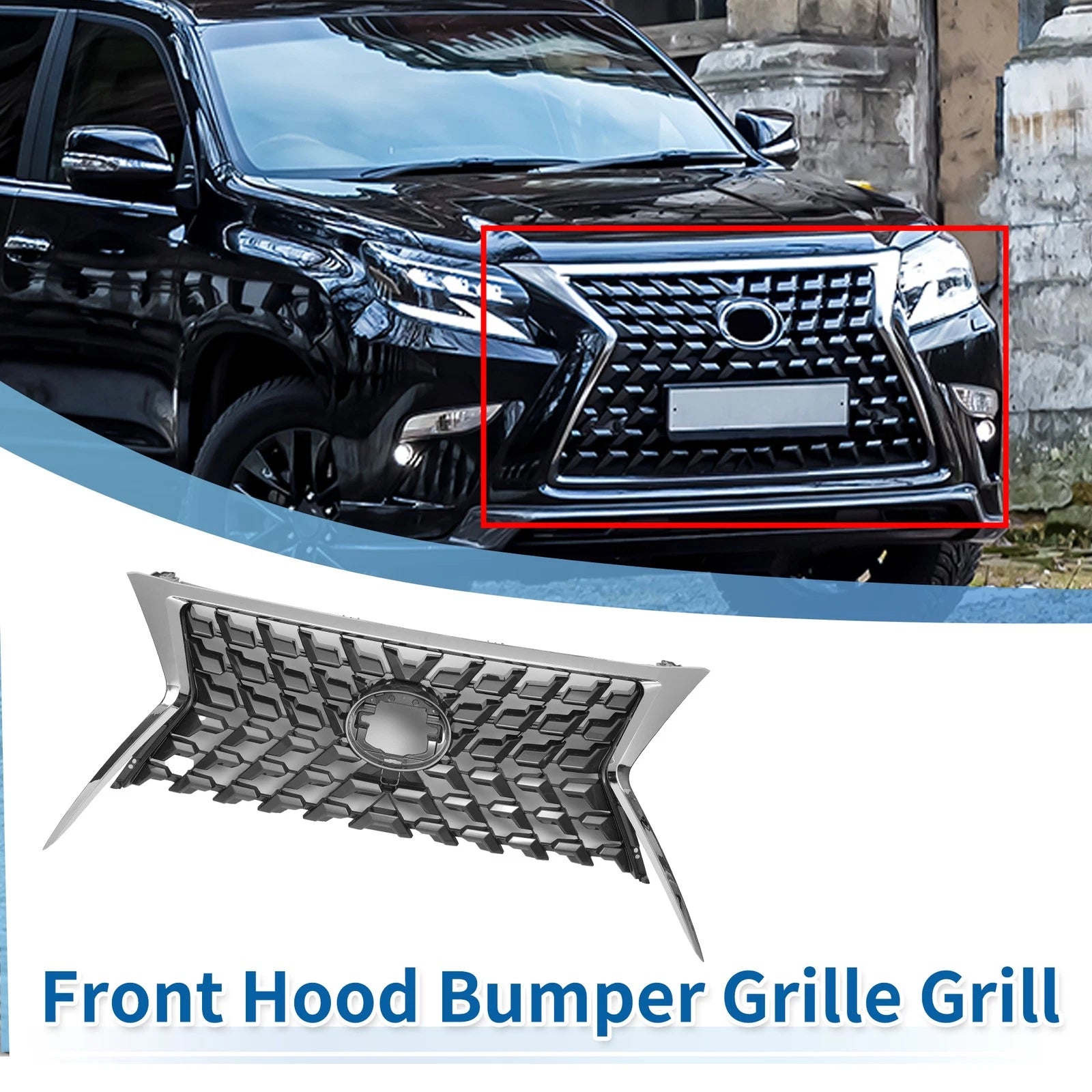 Front Upper Hood Grille for Lexus GX460 (2014–2022) Chrome Silver Tone