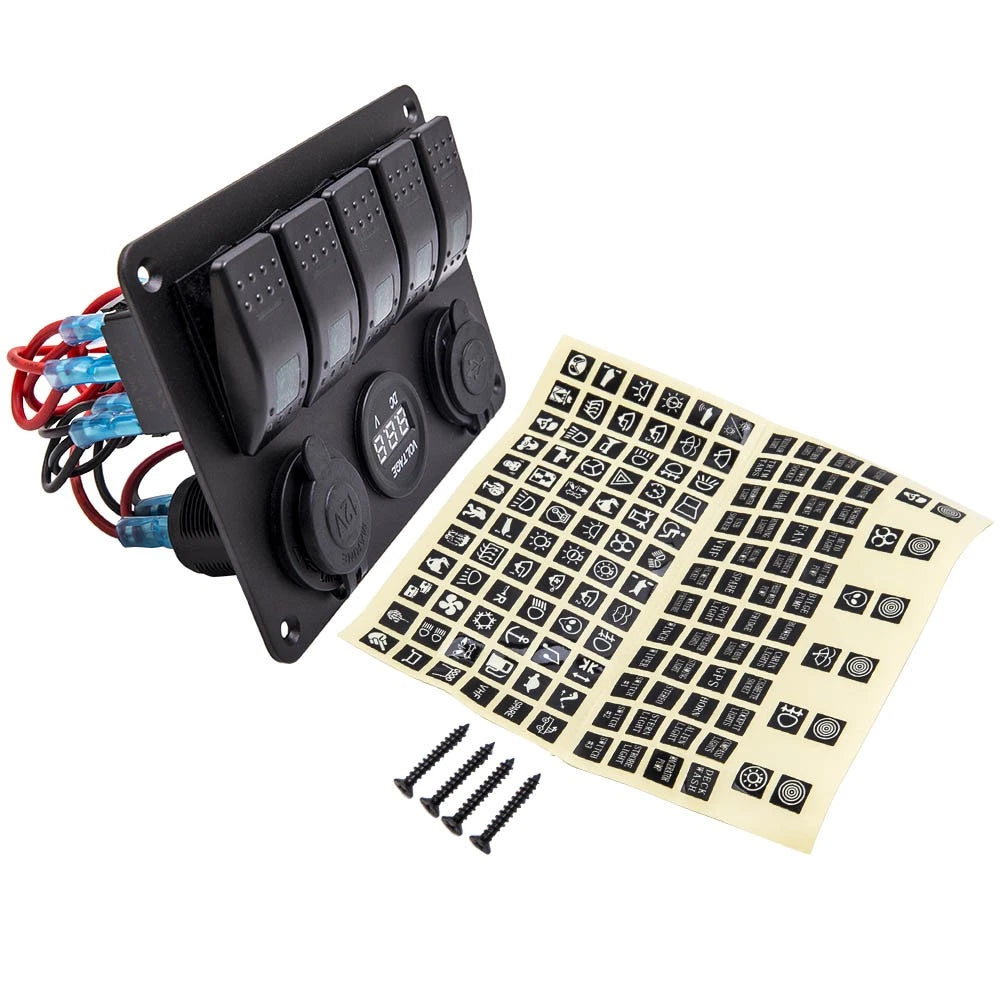 5 Gang LED Toggle Switch Panel with 2 USB Charger for Car Boat Marine