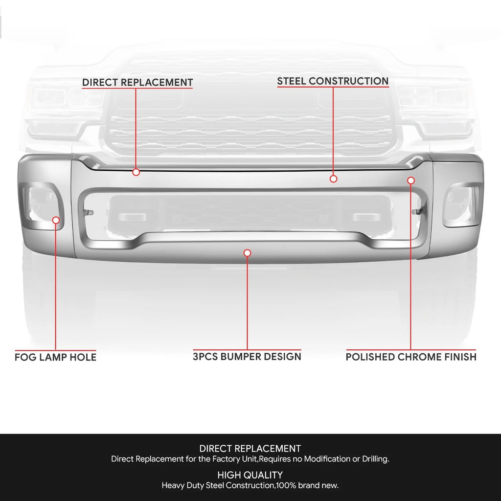 Chrome Front Bumper Face Bar for Ram 2500 3500 (2019–2026) w/ Sensor Holes