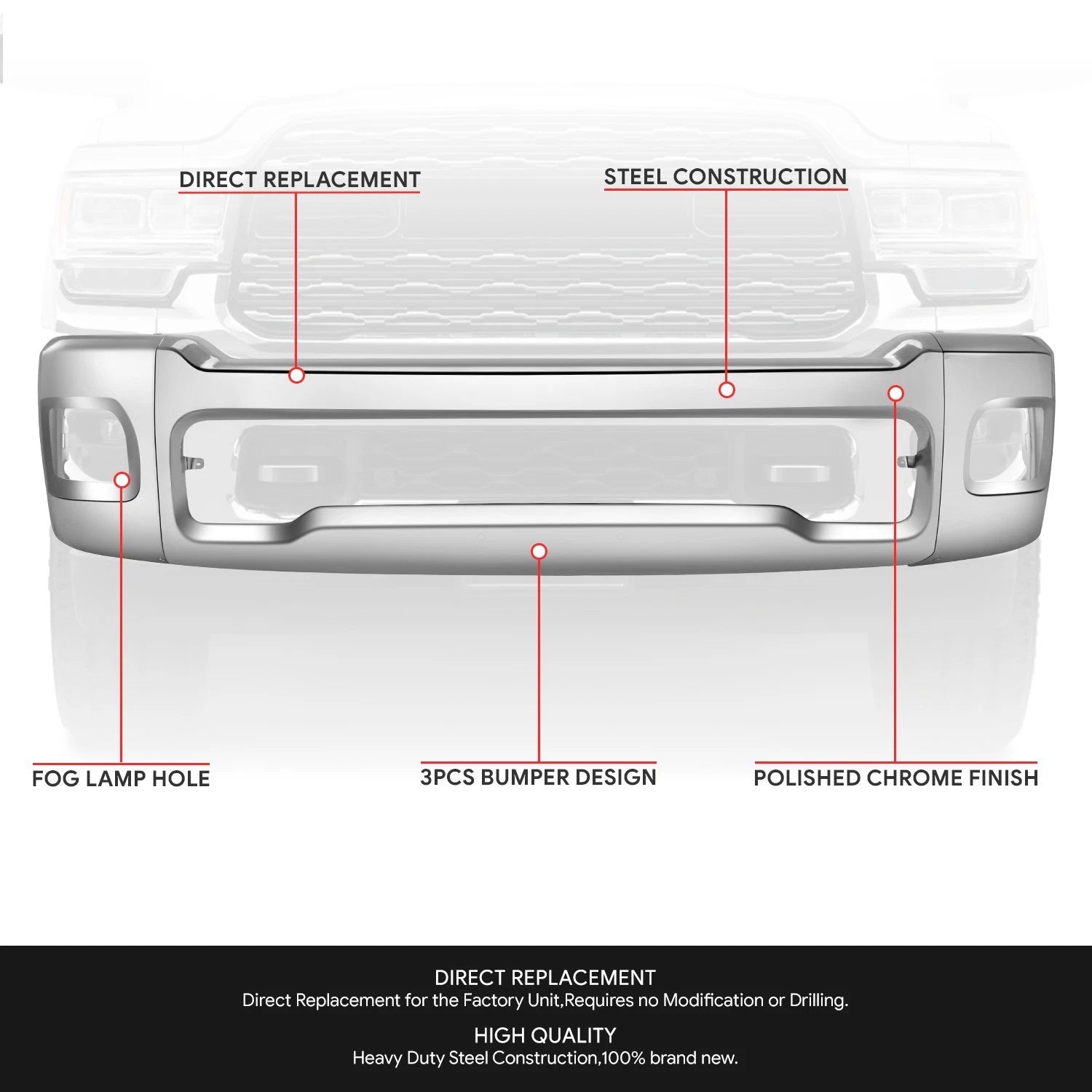 Chrome Front Bumper Face Bar for Ram 2500 3500 (2019–2026) w/ Sensor Holes
