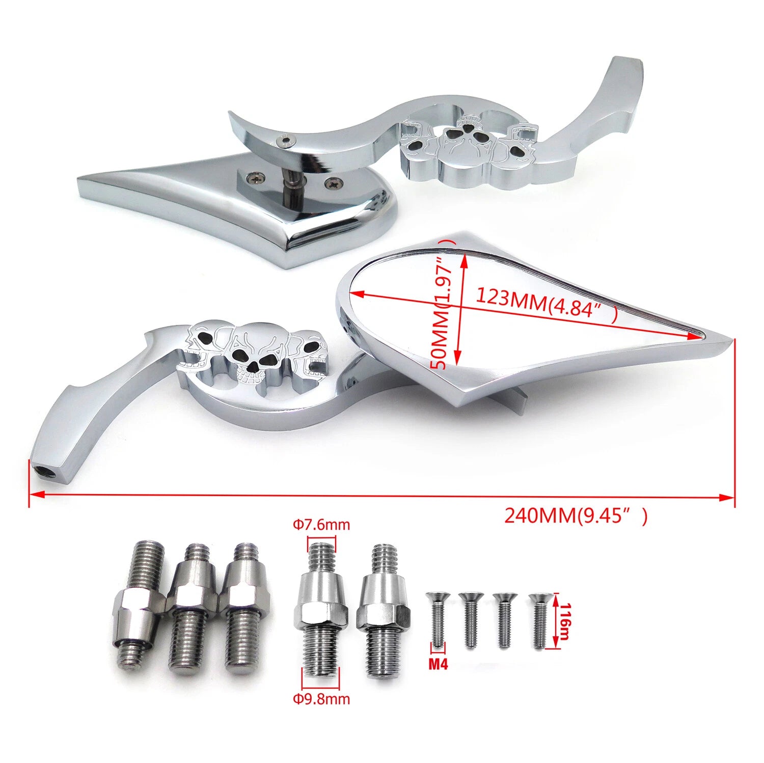 Chrome Billet Skull Blade Mirror for Honda Kawasaki Suzuki Cruiser (All Years)