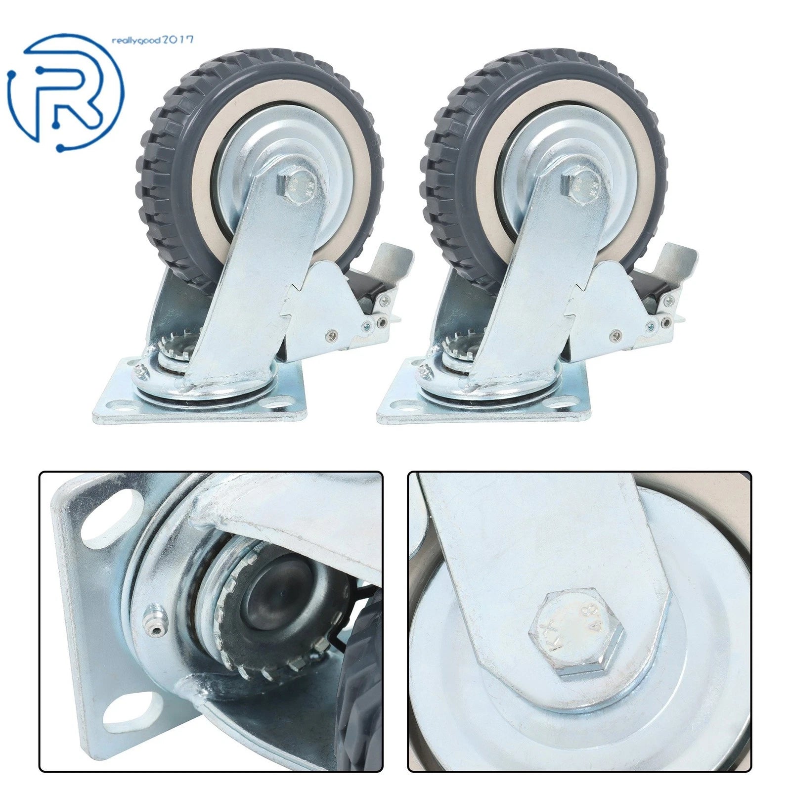 Set of 4 Gray PU 6-Inch Casters with 2 Straight Wheels & 2 Brakes