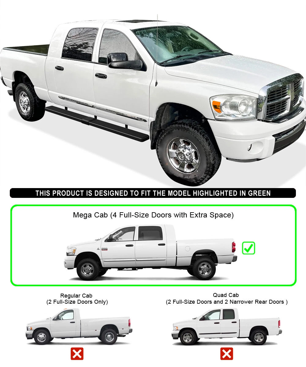 Running Boards 6in Black for Dodge Ram 1500 2500 3500 Mega Cab (2006-2008)