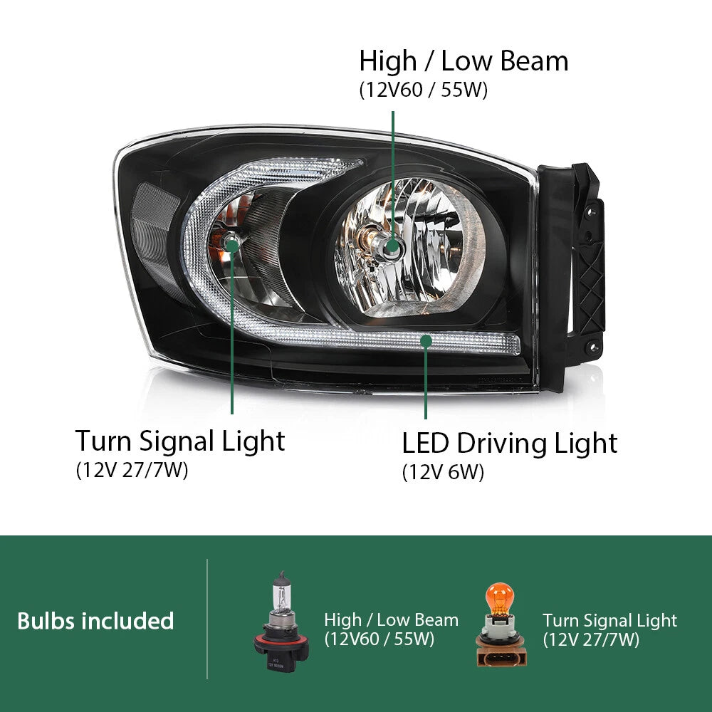 LED DRL Headlights for Dodge Ram 1500 2500 3500 (2006–2009)