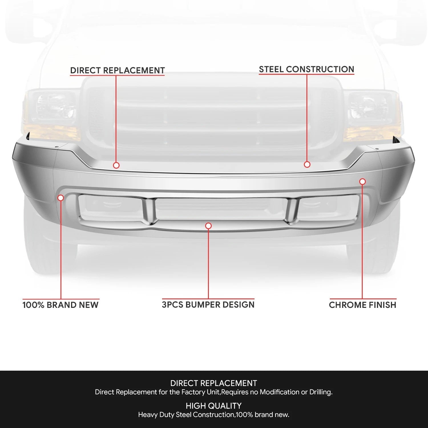 Chrome Front Bumper Face Bar for Ford F-250 F-350 SD (2000–2004)