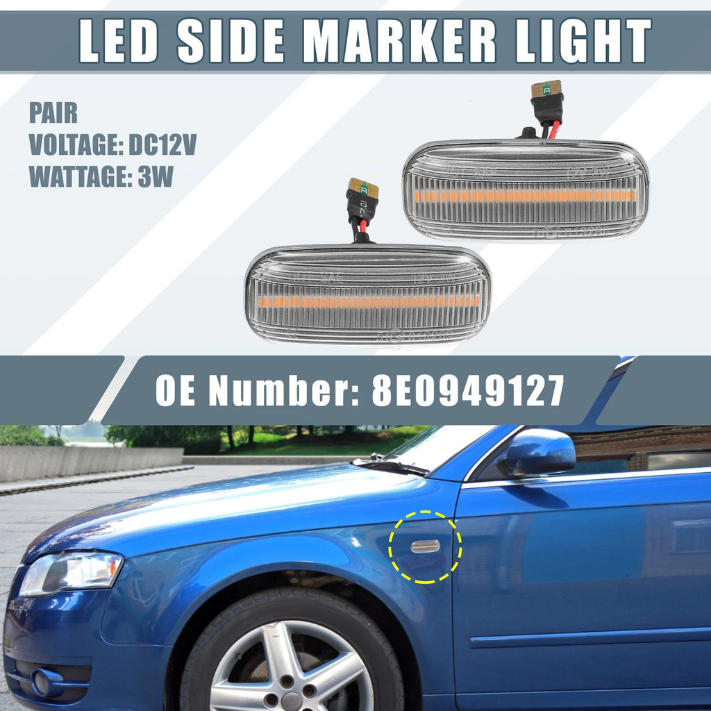 2X Clear Lens LED Side Marker Amber Light 8E0949127 for Audi A4 (2002–2009)