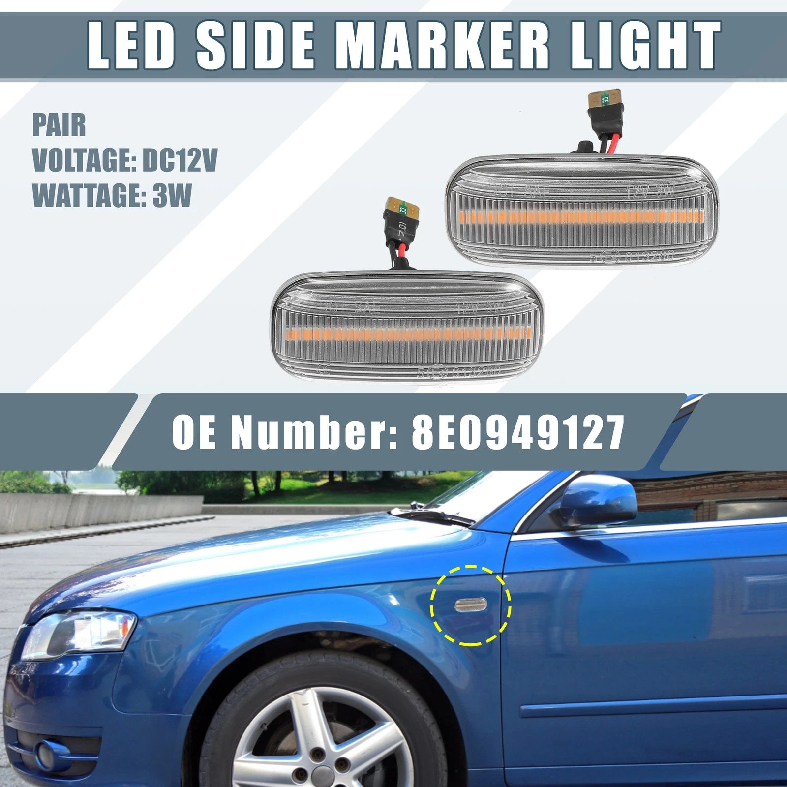 2X Clear Lens LED Side Marker Amber Light 8E0949127 for Audi A4 (2002–2009)