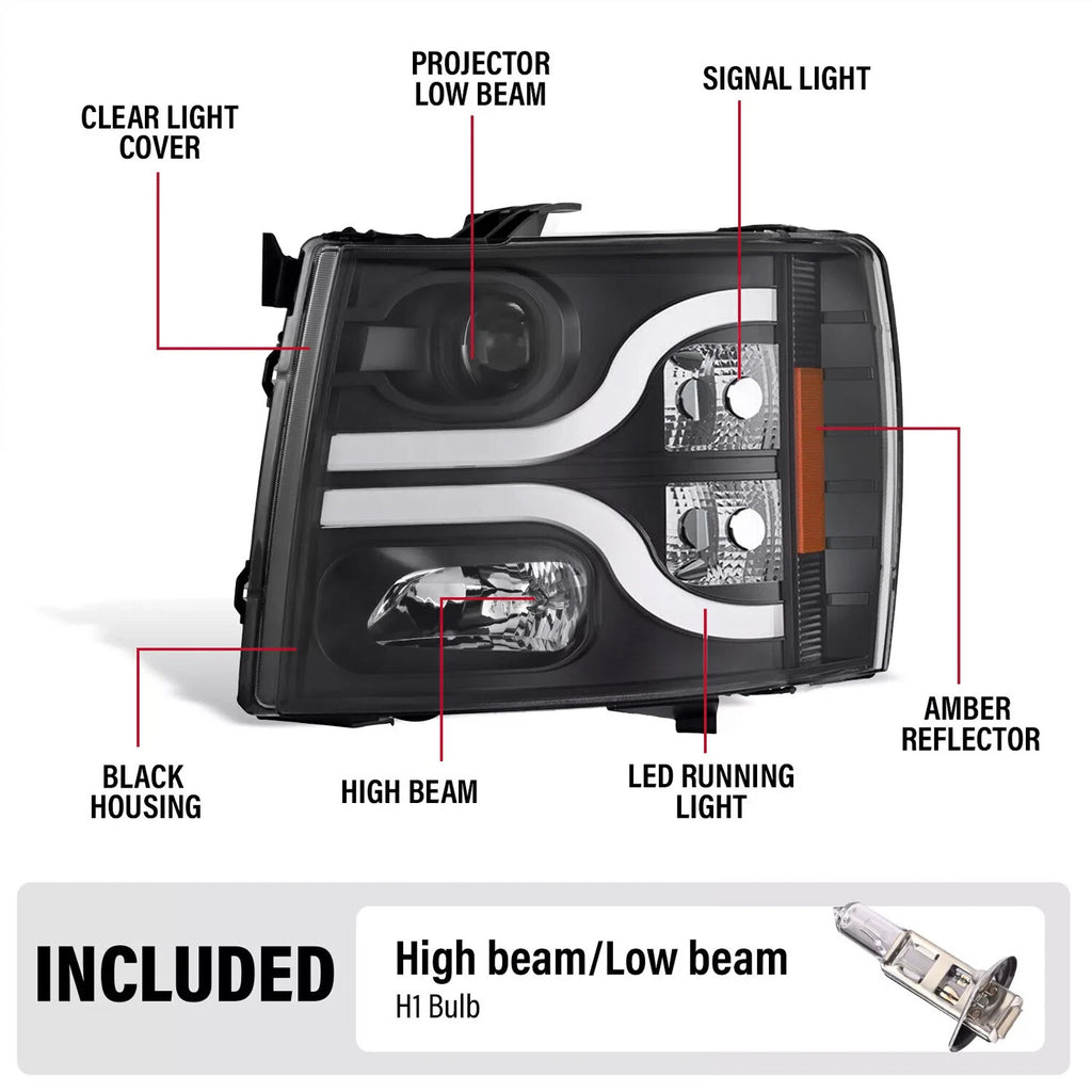 Projector Headlights LED DRL for Chevy Silverado 1500 2500HD 3500 HD (2007–2013)