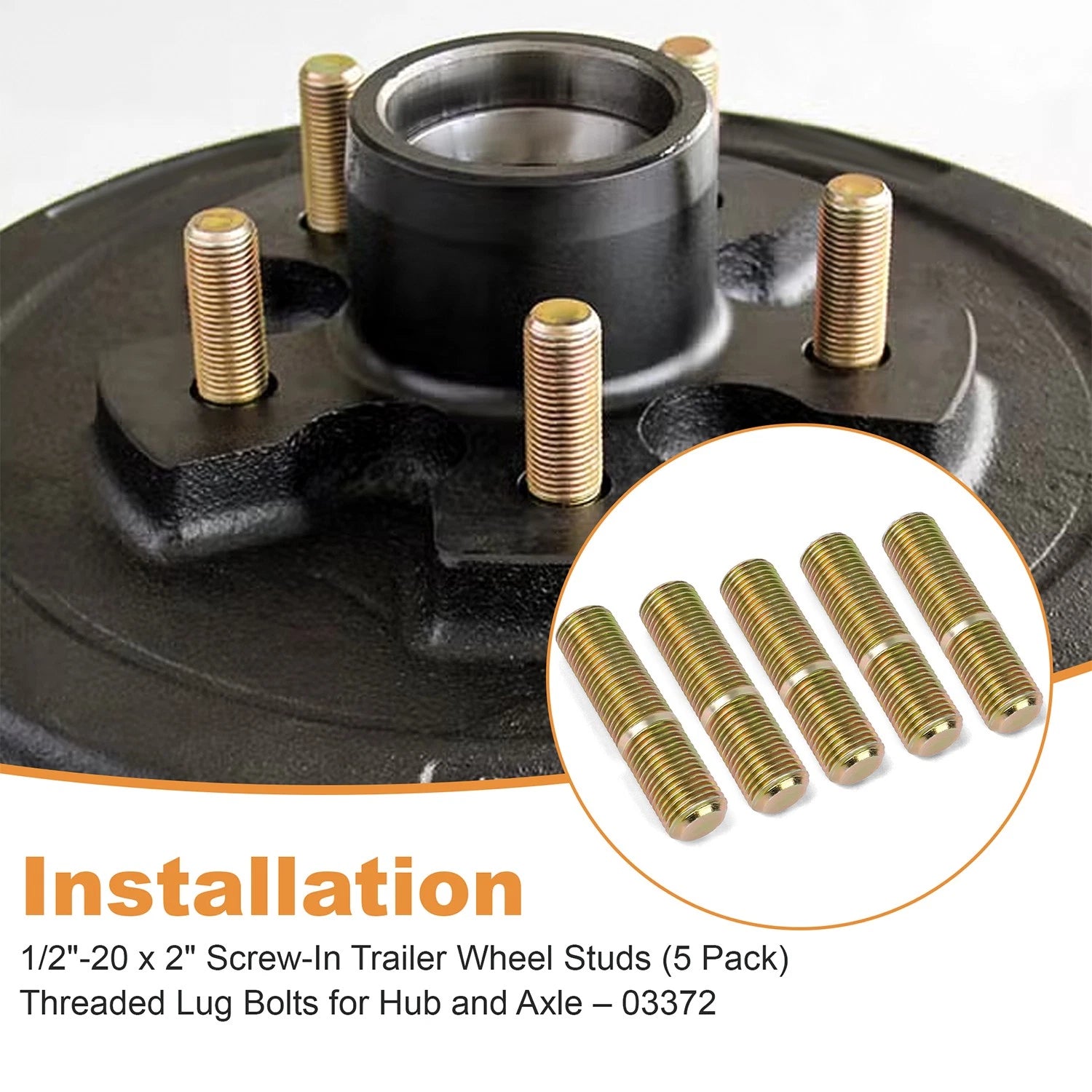 5 Pack Screw-In Trailer Wheel Studs 1/2"-20 x 2" for Hubs 03372