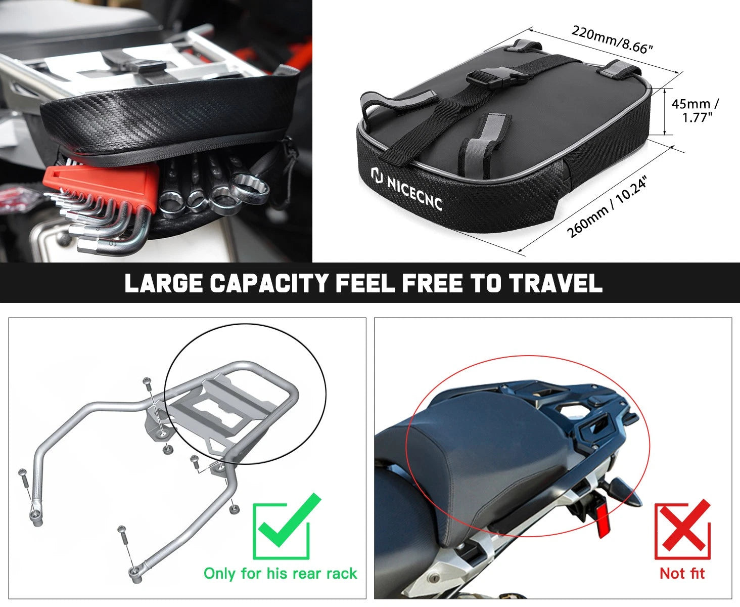 Rear Rack Bag & 12MM GPS Holder Bar Clamp for BMW R1200GS (2016–2018) R1250GS (2018–2022)
