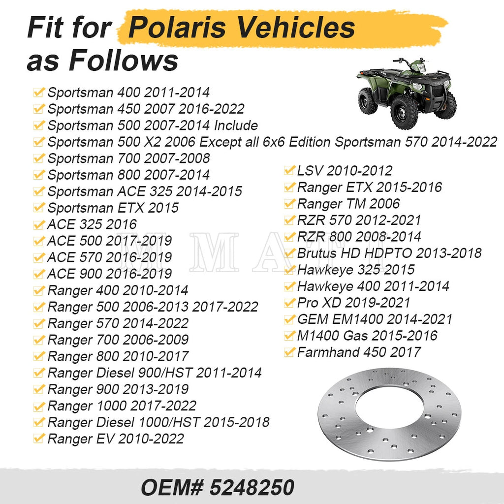 Rear Brake Disc Rotor for Polaris ACE 900 570 500 325 Brutus HD Pro XD (2015–2023)