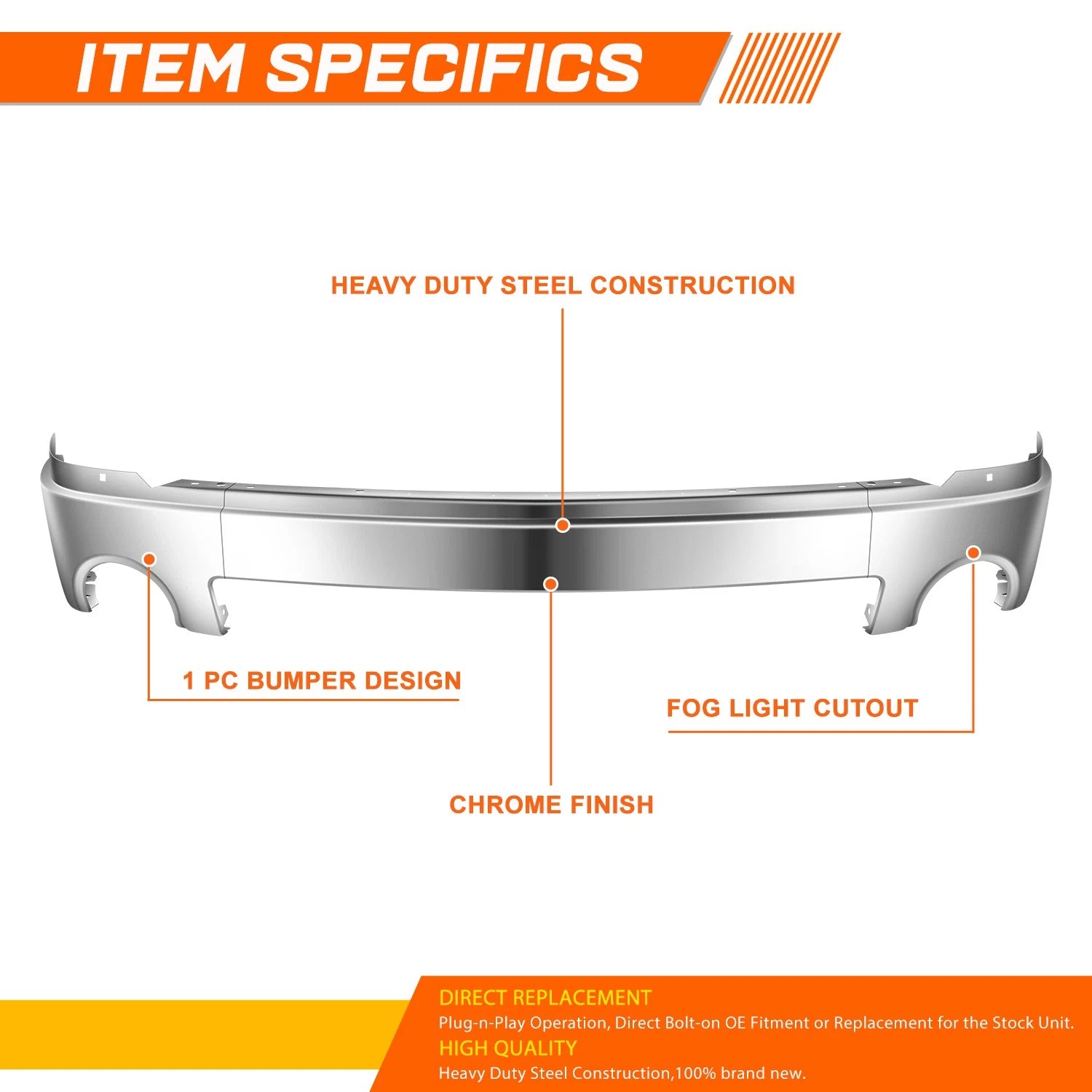 Front Bumper Face Bar for GMC Sierra 1500 (2007–2013) w/ Fog Light Cut-outs