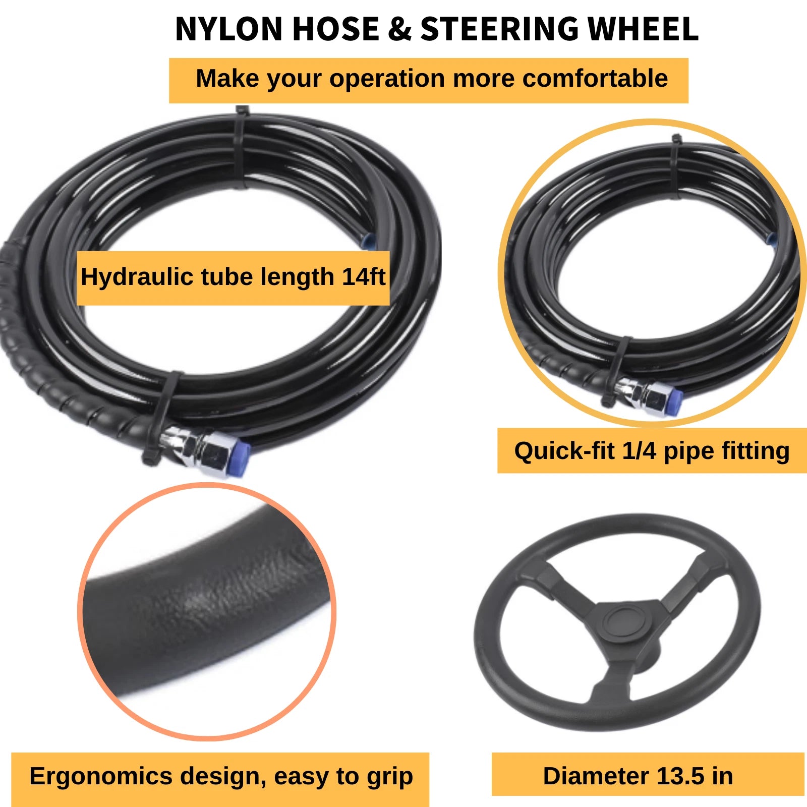Hydraulic Outboard Steering System Kit for Boats (300HP, 14 FT Hose)