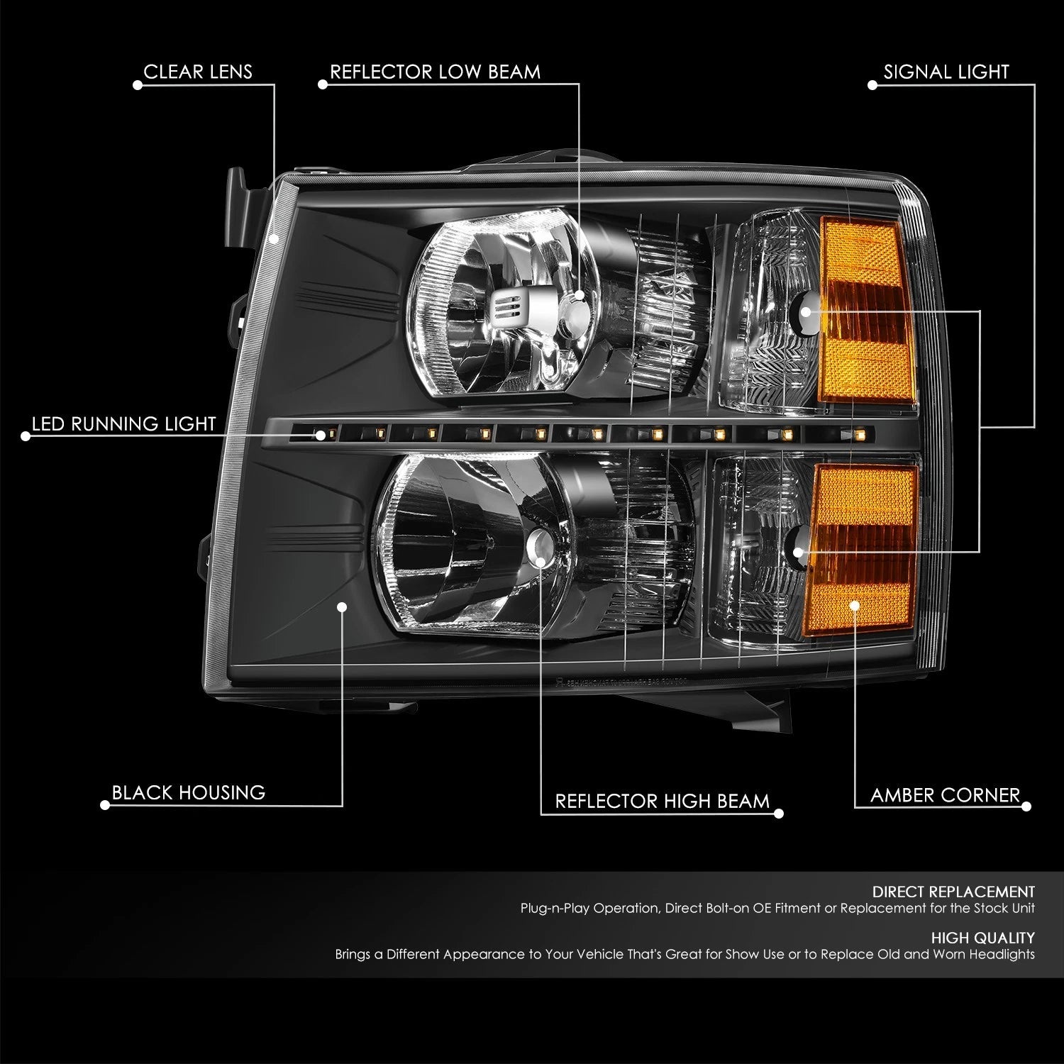 LED DRL Strip for Chevy Silverado (2007–2014) - Black Housing Amber Corner