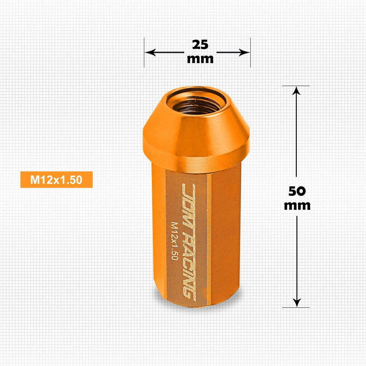 Set of 20 M12X1.5 Orange JDM Closed End Aluminum Wheel Lug Nuts + Extension 25mmx50mm