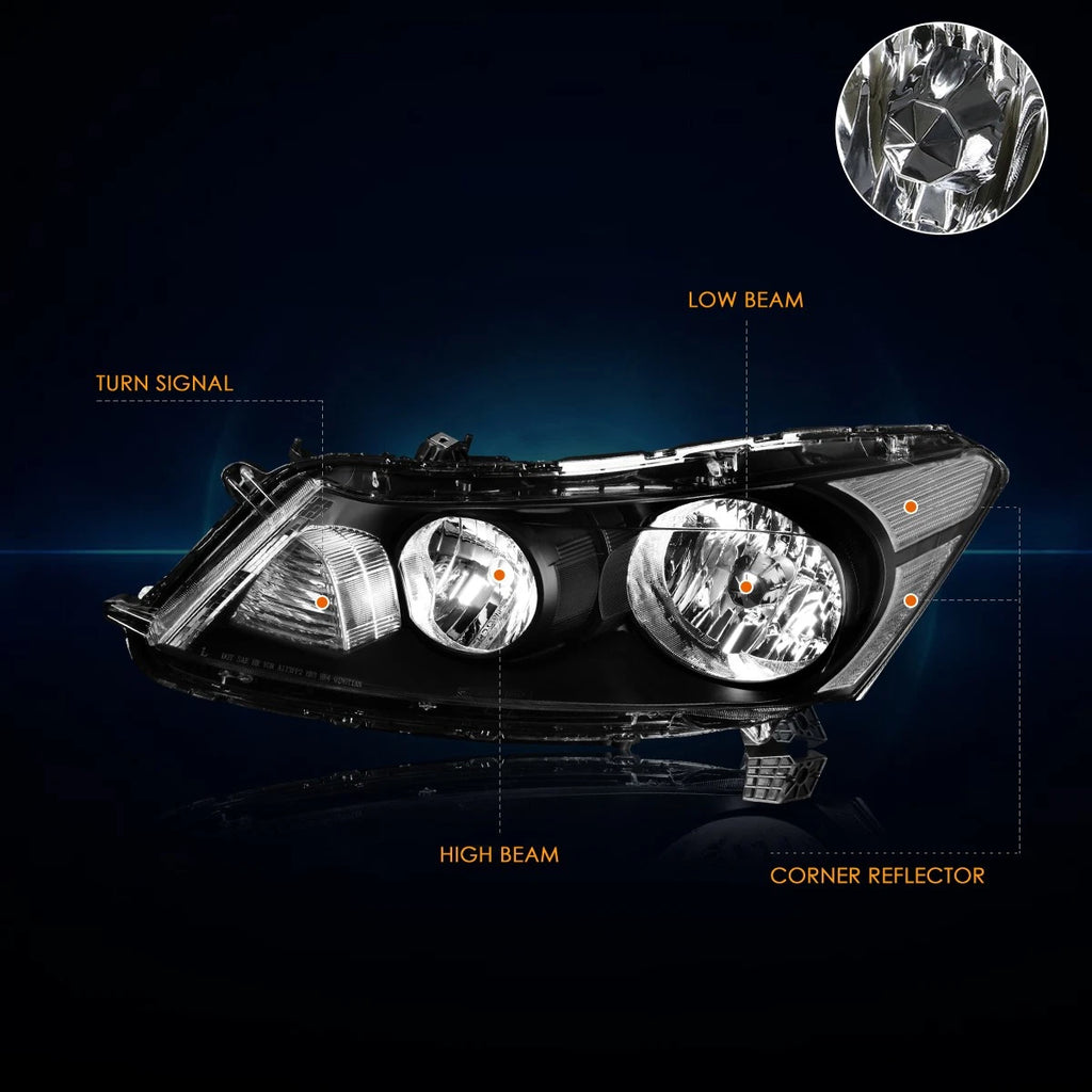 Headlight Set for Honda Accord Sedan (2008–2012) Black Housing Clear Signal