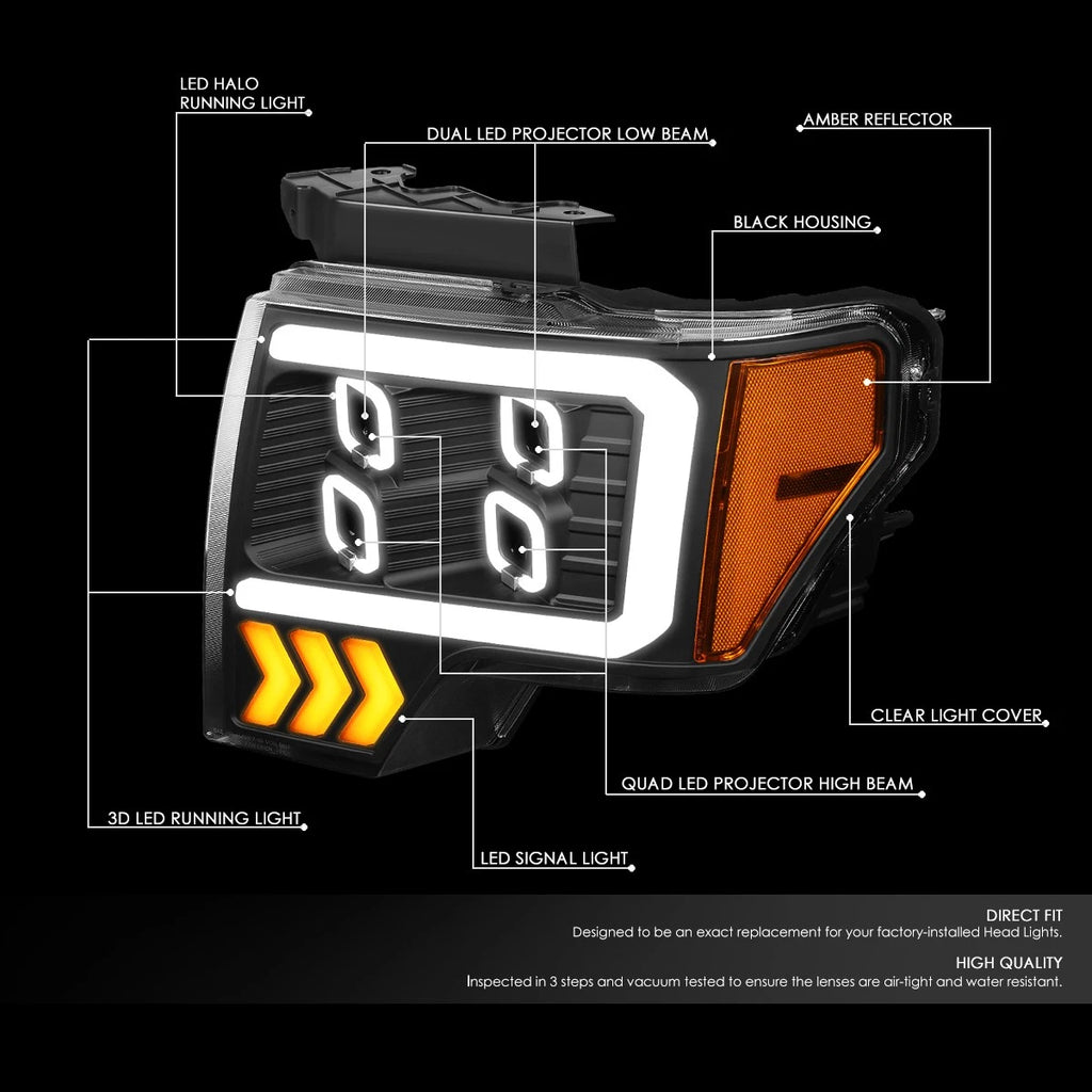 LED DRL Halo Projector Headlights for Ford F-150 (2009–2014)
