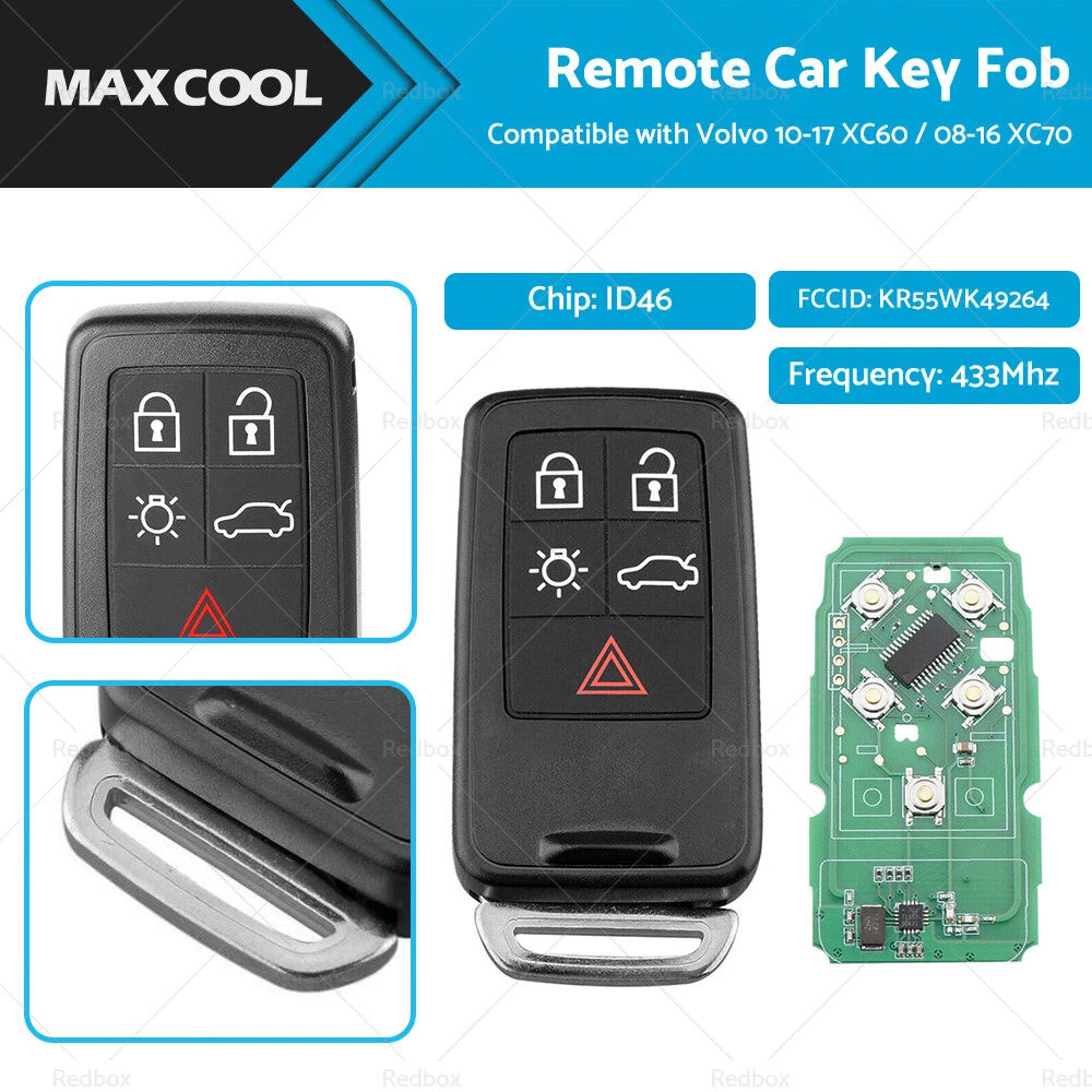 Remote Car Key Fob Entry KR55WK49264 for Volvo XC60 (2010–2017) / XC70 (2008–2016)