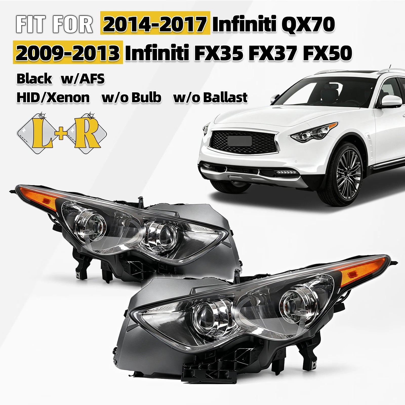 HID Headlight Set for Infiniti FX35 FX37 QX70 (2009–2017) w/AFS Black